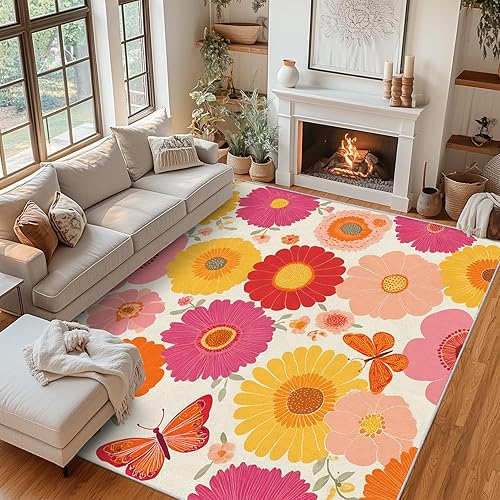 Daisy Rugs for Bedroom Decor, 4x5 ft, Retro Floral Butterfly Area Rugs for Living Room, Soft Non Slip Washable Plant 70s Flower Carpet Home