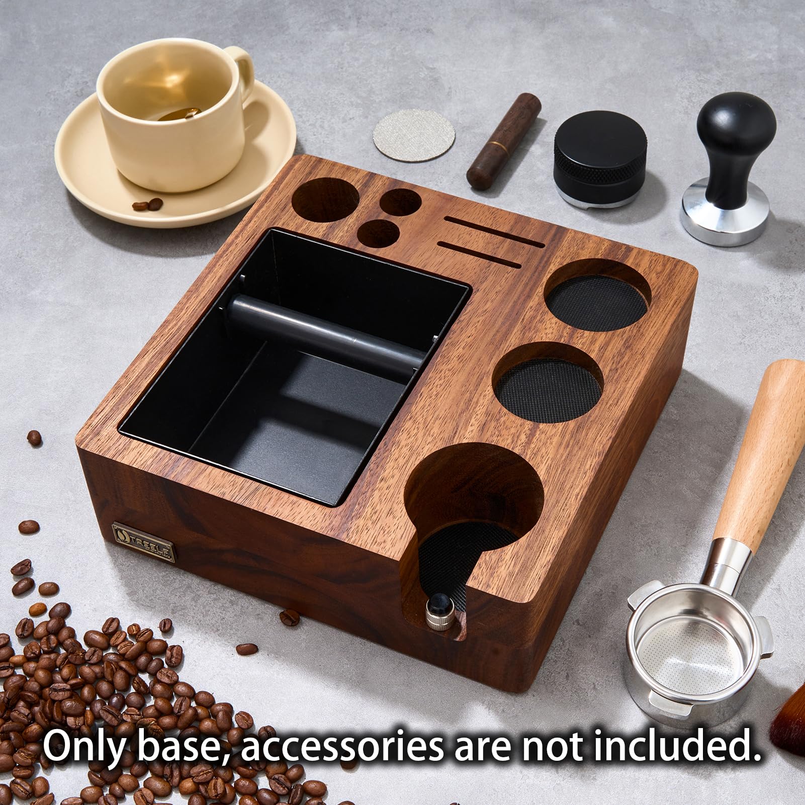 LingTing Espresso Tampierstation 58mm aus Massiv Nussbaum - Barista Arbeitsplatz mit Anti-Druck Basis & Tamper Halterung für Thekenorganizer (Nussbaumholz - 58mm Große Größe)