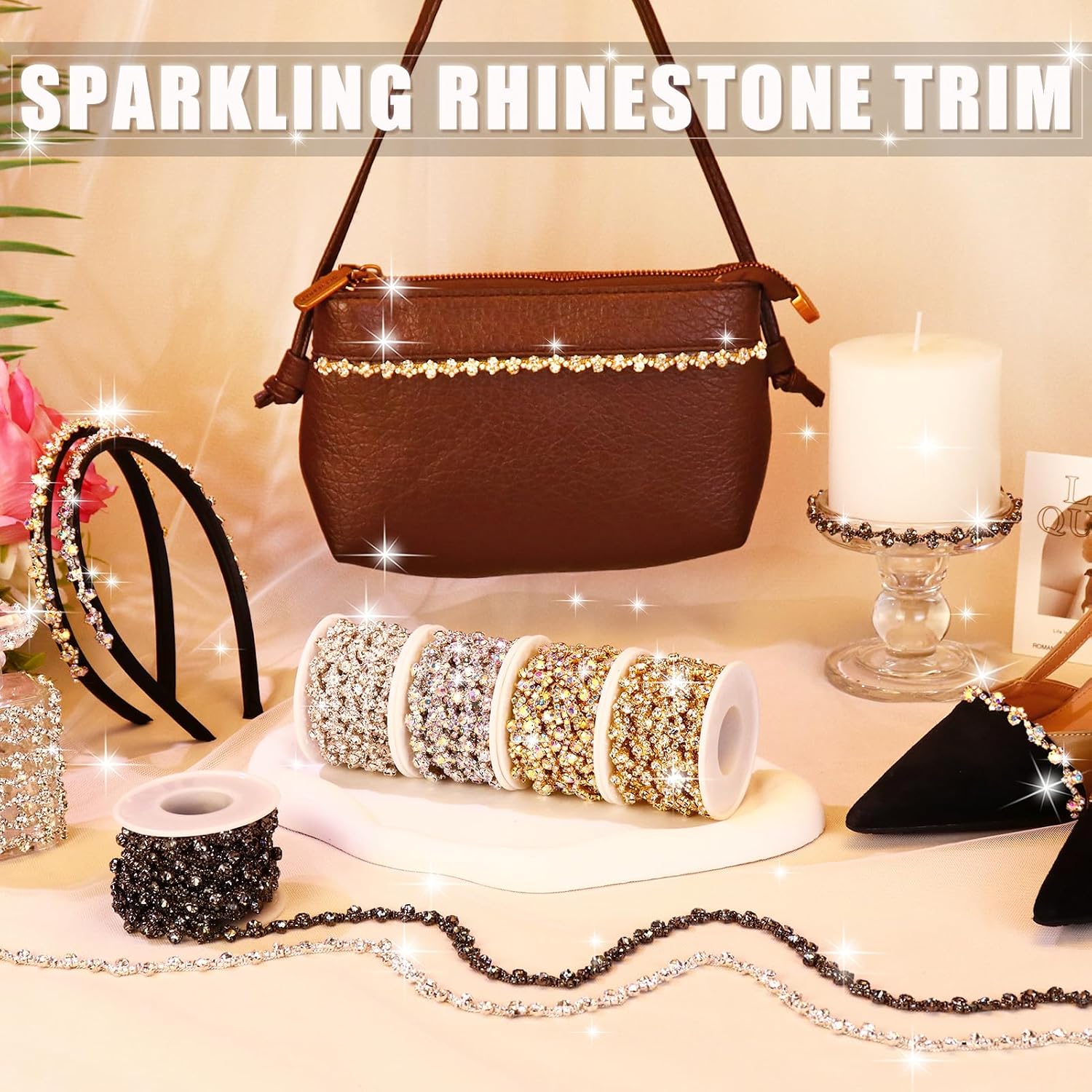 3 Yards Rhinestone Trim Chain Black Rhinestone Applique for Wedding Dress Belts Garters Headpieces Decoration, Sewing Diamond Fringe Ribbon Trim for Craft Bridal Costume