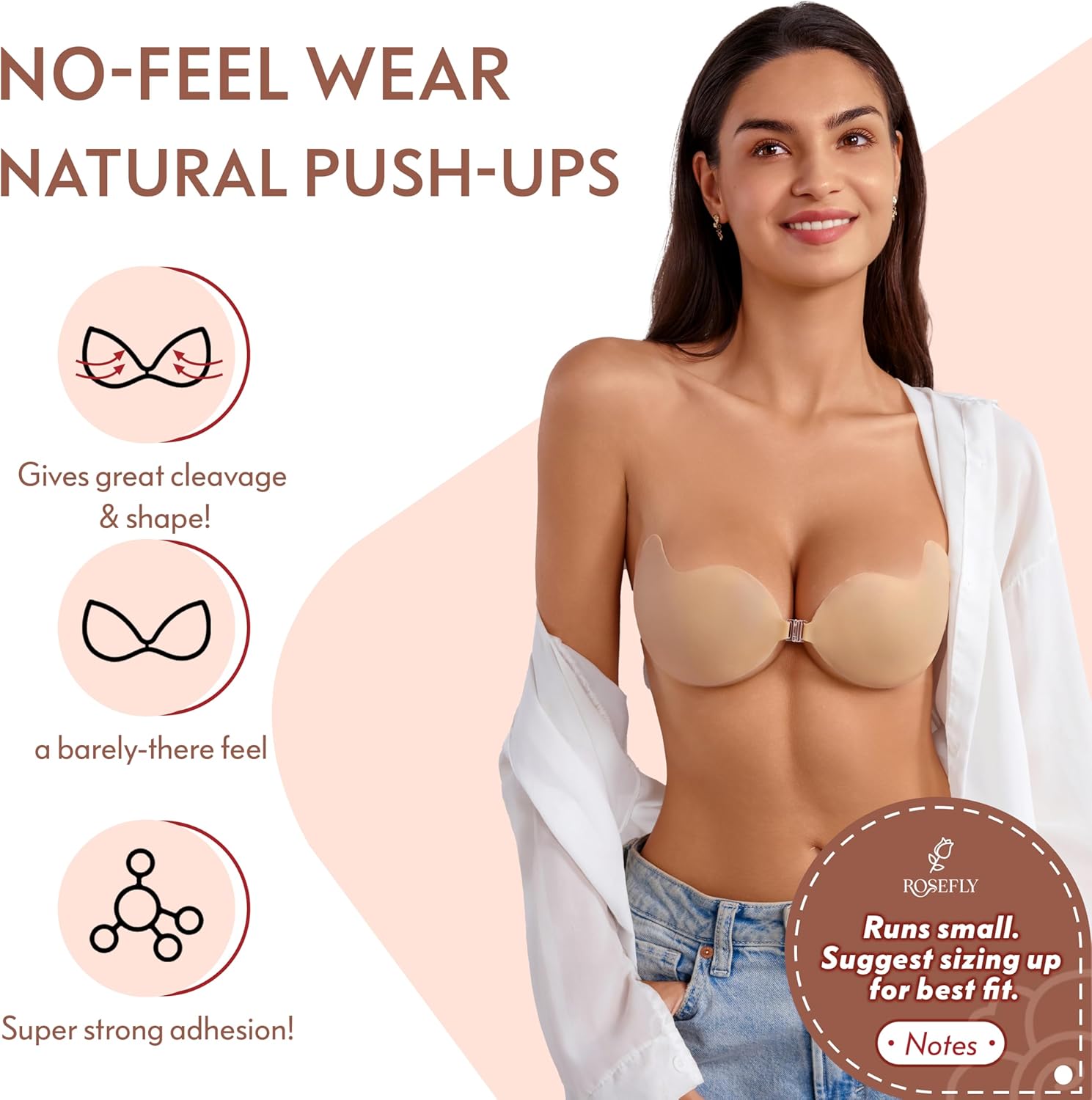 Rosefly Push Up Strapless Bra for Women, Backless Sticky Bra for Enhanced Cleavage & Deep V, Reusable AB Adhesive - Image 2