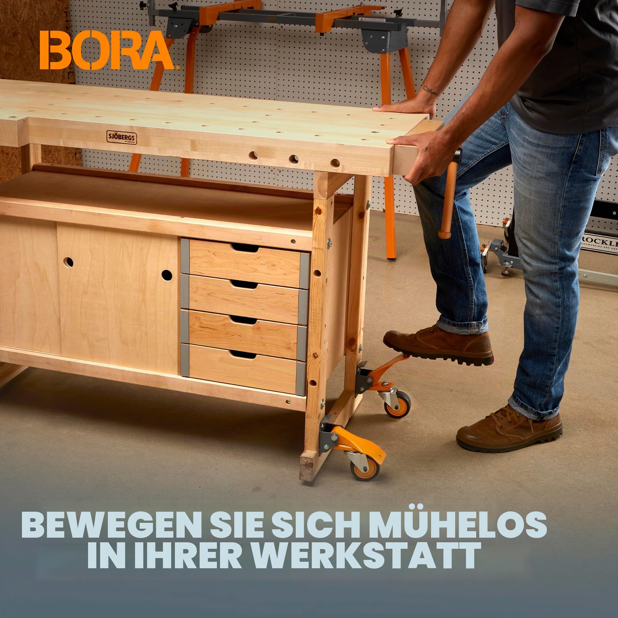 BORA Schwerlastrollen Set 4-teilig – Werkbank Lenkrollen mit Feststellbremse, 281 kg Tragkraft