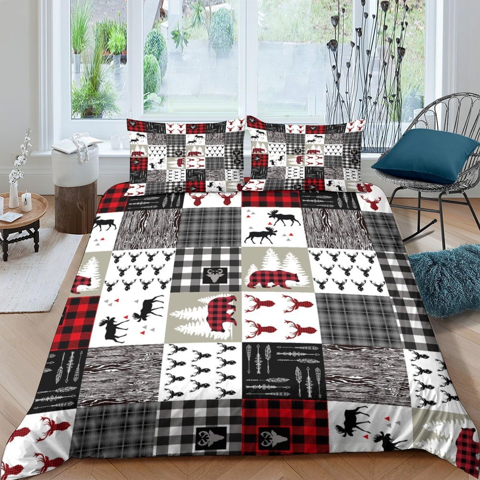 UNRXJZLVM Plaid Patchwork Duvet Set Microfiber Cabin Decor Teens