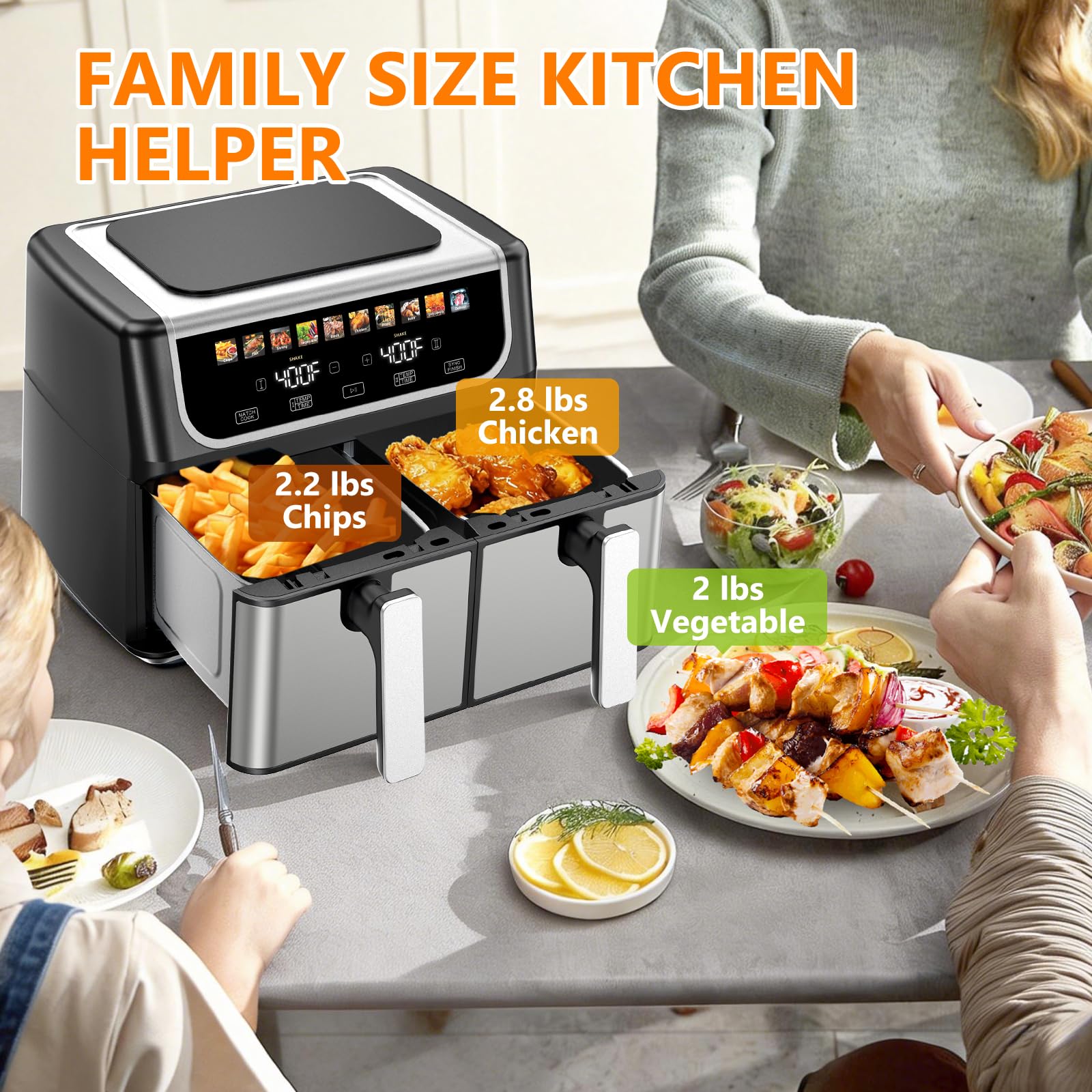 OLIXIS Dual Basket Air Fryer, 9.5 Quart Large Air Fryer with Double Basket, Independent TEMP Control, Sync Setting, Shake Reminder, 10 Presets for Bake, Broil, Defrost, Dehydrate, Black view 7