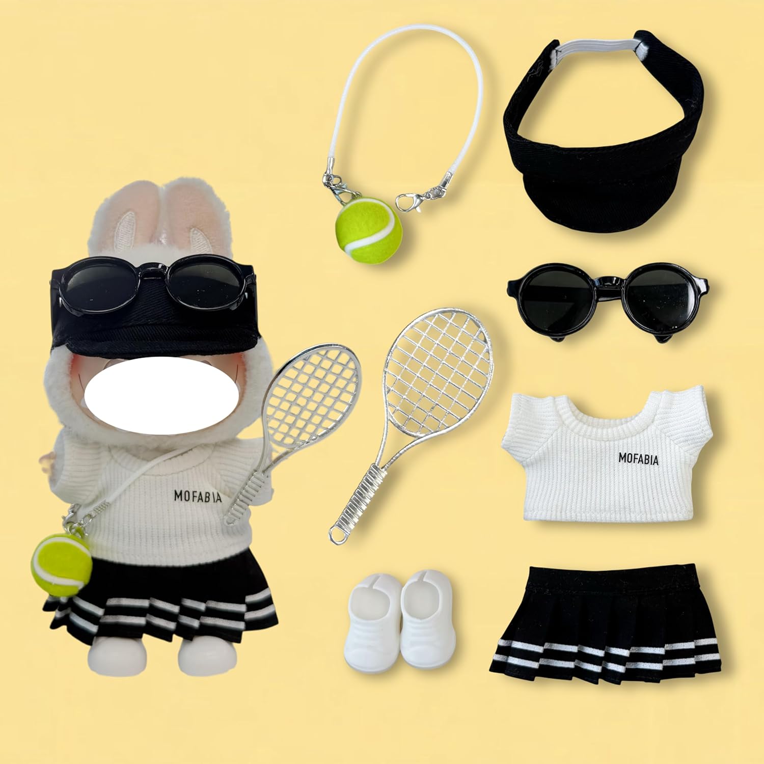 Clothes for 17cm Doll, 7 Pcs Set Doll's Clothes Tennis Sports Outfits, Luxury Shirt Skirt Dress Hat Glasses Shoes, Stylish Adorable Dolls Clothes Accessories (No Doll) (Tennis Black)