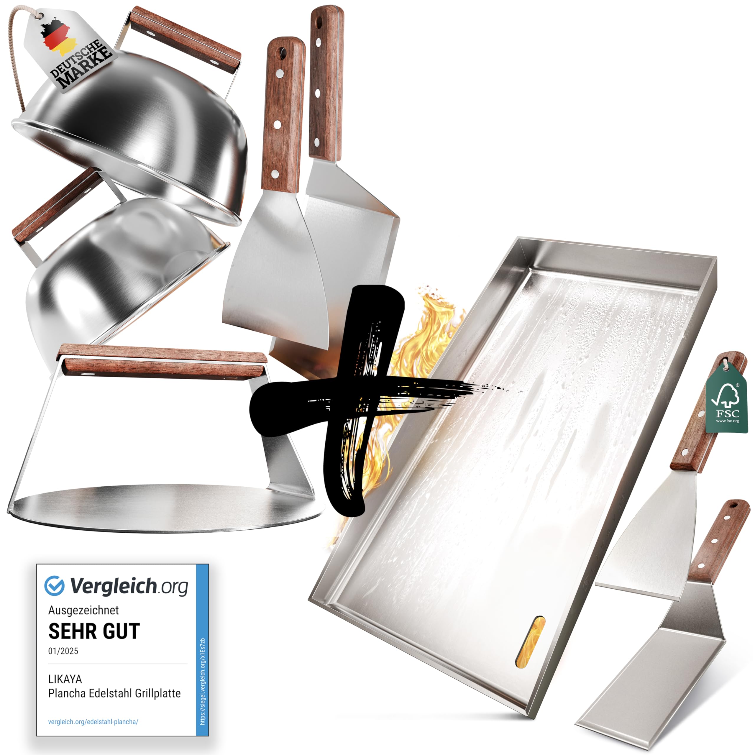 LIKAYA [BUNDLE] Plancha Edelstahl Grillplatte [20x40cm] + Burger Master Set – 4x Grillspachtel, 2x Burgerglocke, 1xBurger Smasher mit FSC-Akazienholzgriff – Perfekte Smash Burger auf Deinem Grill!