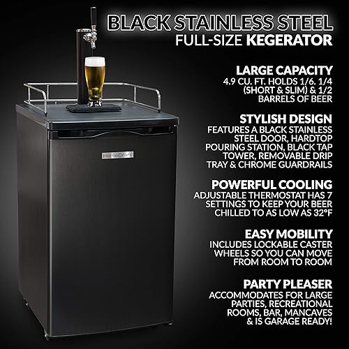 Miniatura 2 de HomeCraft Dispensador de cerveza Kegerator de tamaño completo de acero inoxidable negro y enfriador de cerveza, dispensador de grifo con resorte,