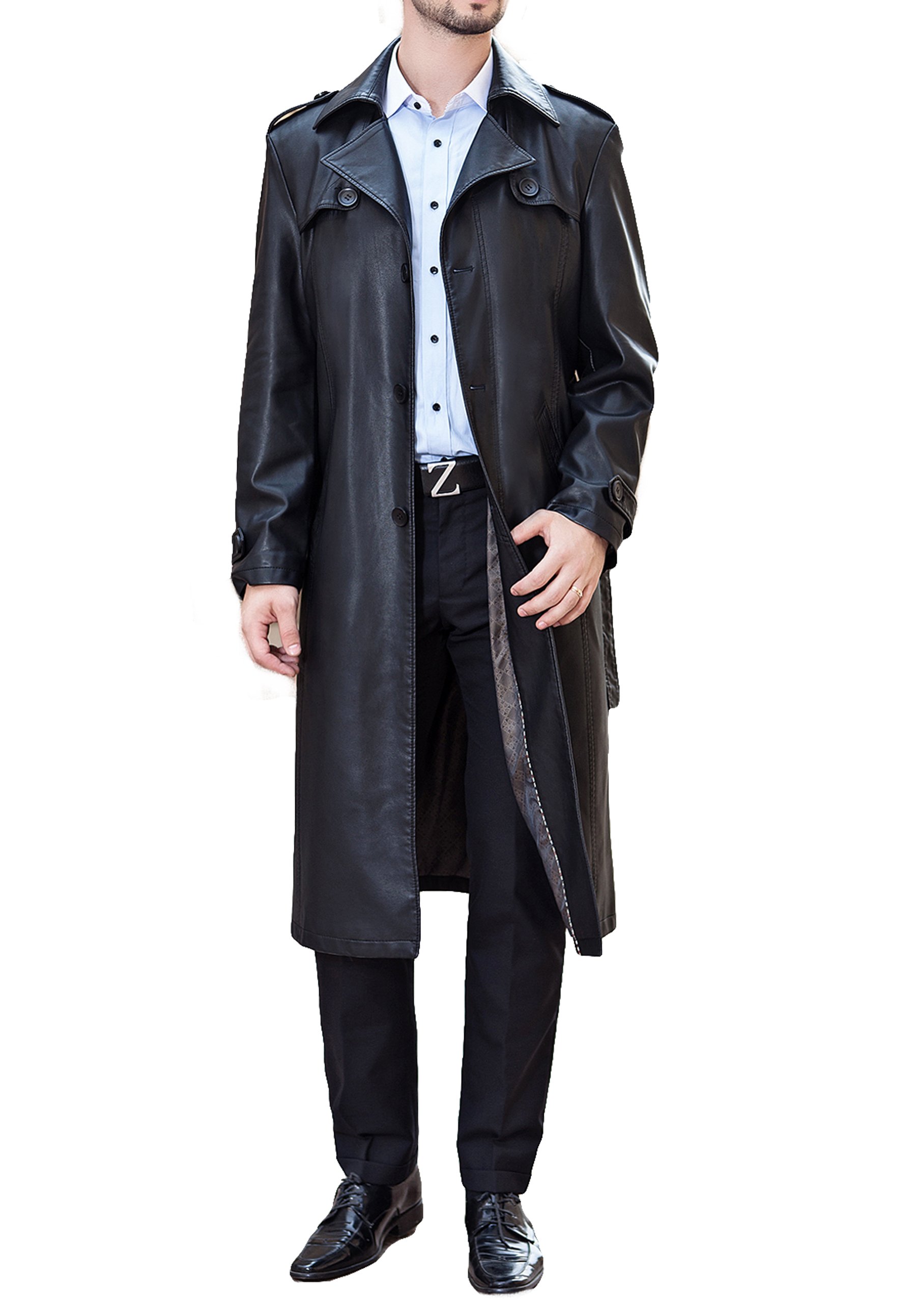Men Business Suit Collar Long Trench Coat Fashion Long Leather Jacket