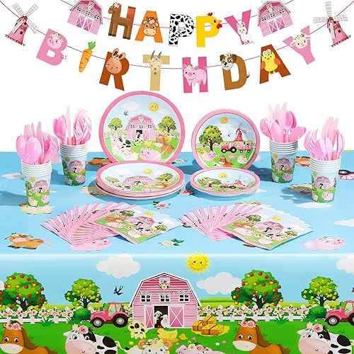 Miniatura 1 de 171 piezas de suministros para fiestas temáticas de animales de granja de granero, mantel de fiesta de granero para 24 invitados, platos de postre,