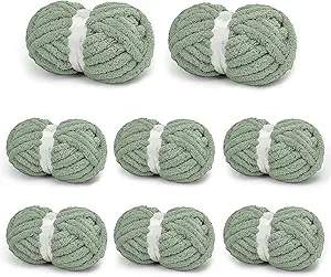 Chunky Yarn for Hand Knitting, Chunky Chenille Blanket Yarn for Crocheting, Bulky Soft Fluffy Chenille for Blanket Project, 8 Pack of 8oz/25yds, Sage Green