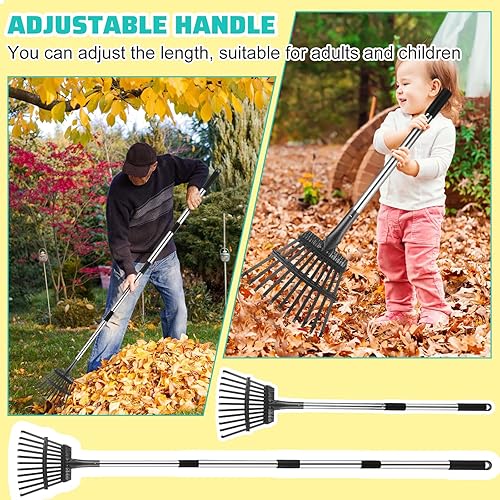 Miniatura 4 de Juego de 3 palas de hojas y rastrillo de hojas que incluye 11 dientes de jardinería con mango ajustable, 2 cucharas grandes de hojas de 53 galones y