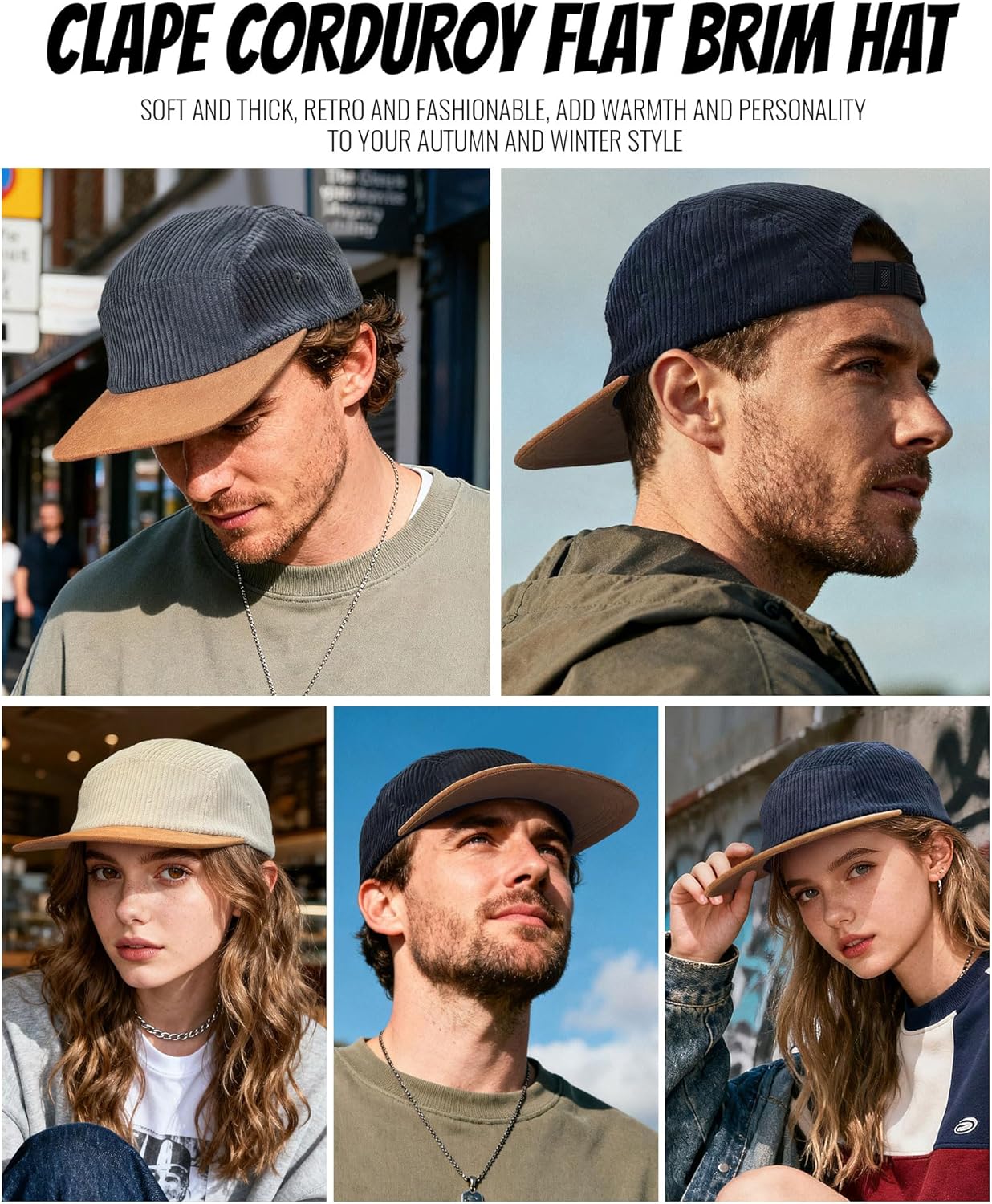 CLAPE 5 Panel Baseball Cap, Breathable Moisture-Wicking Corduroy Flat Brim Snapback Trucker Hat Adjustable Vintage Dad Hat - Image 7