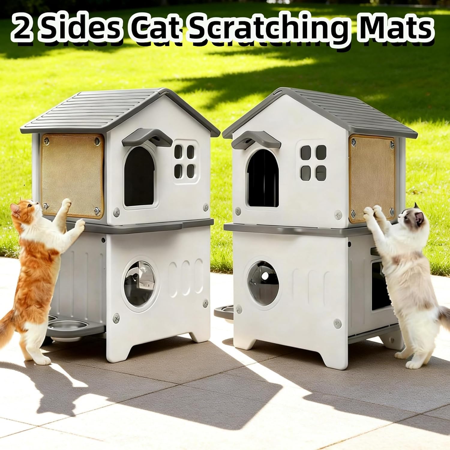 Insulated Outdoor Cat House Weatherproof for Feral Multi Cat, 2 Story Plastic Elevated Cat Shelter with Escape Door, Scratching Post, Stainless Steel Bowl, Grey 35" D x 15" W x 20" H