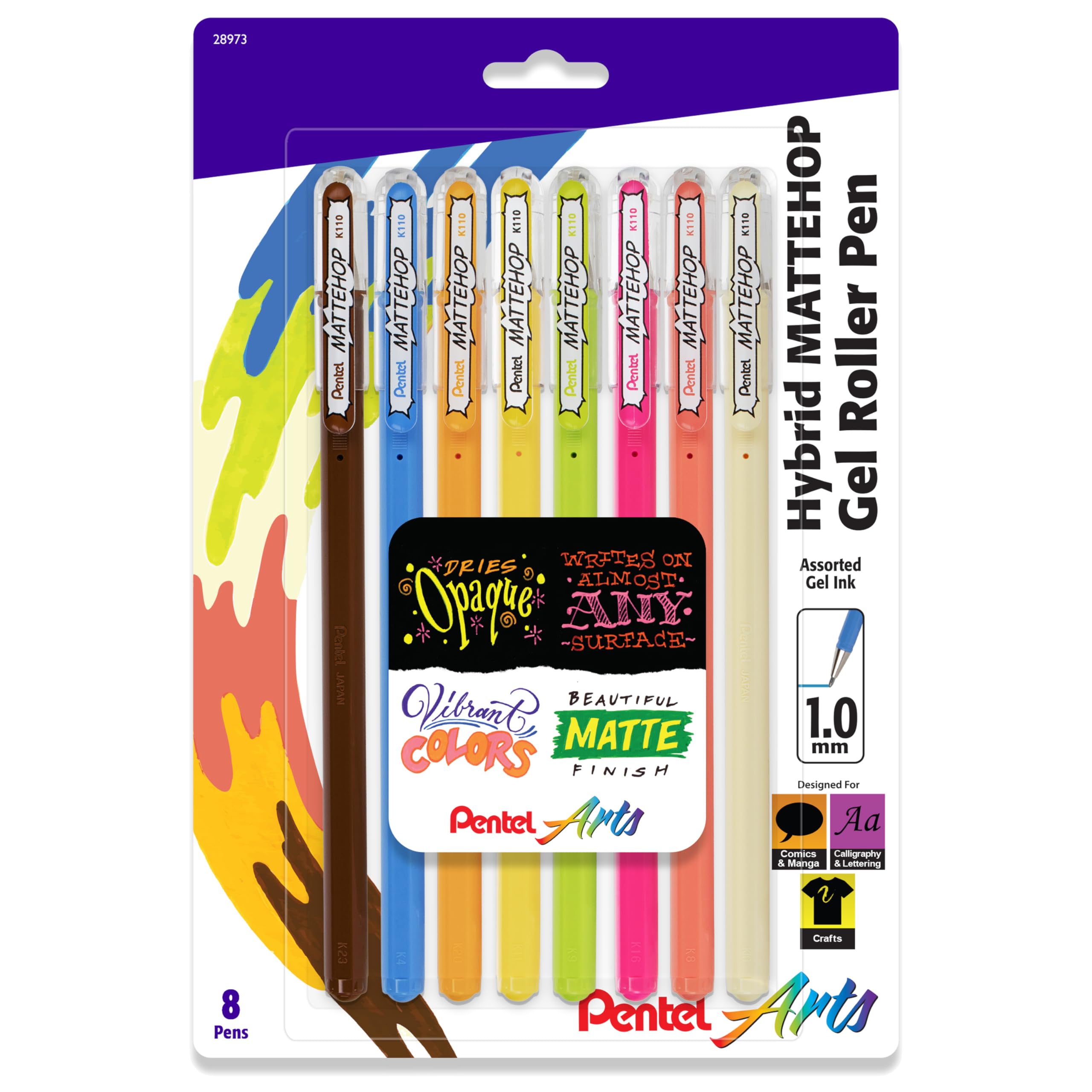 Pentel Arts Mattehop Gel Pen, (1.0mm), Bold Line, 8 Assorted Colors (K110VBP8M1)
