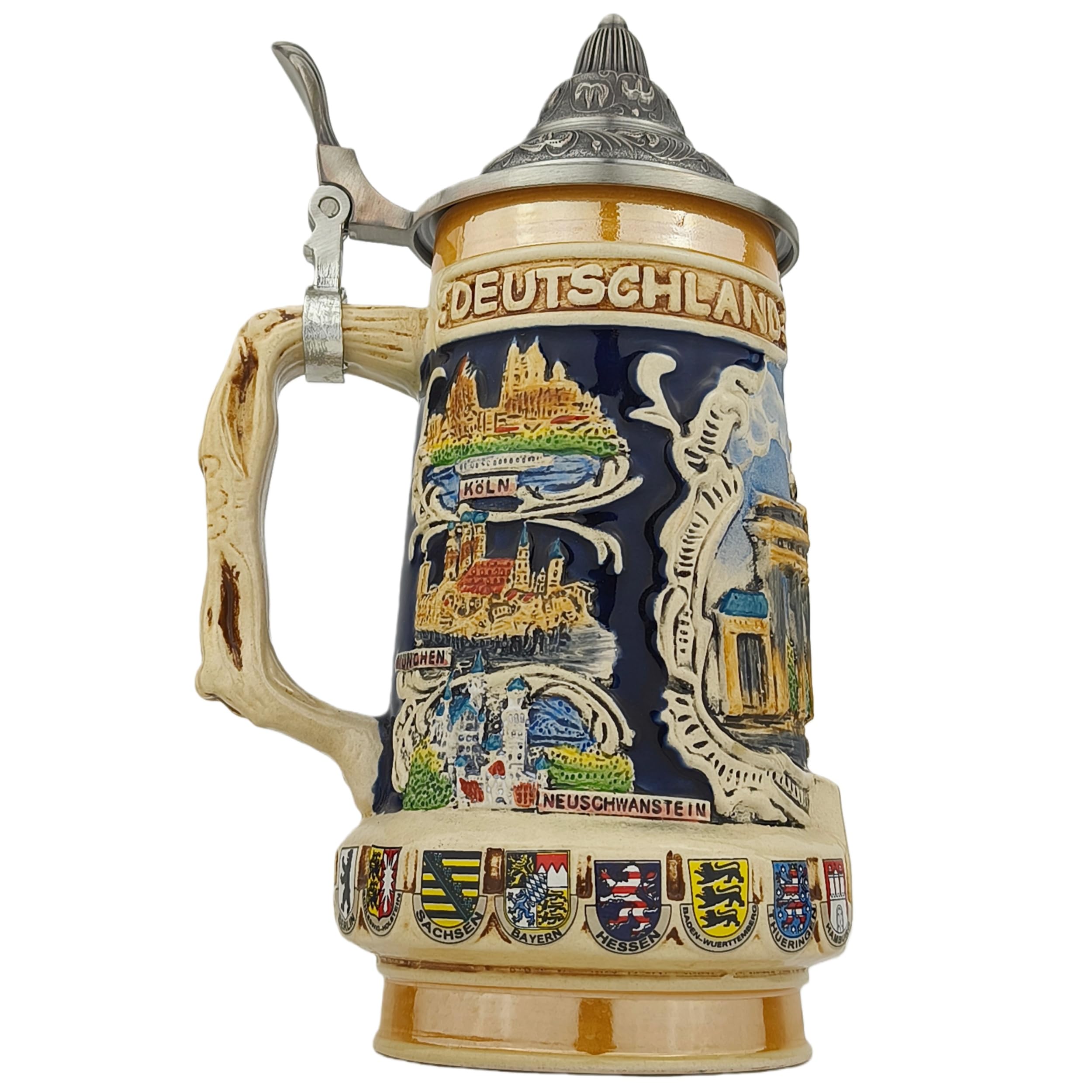 Bierkrug mit Deckel 0,7L – Traditioneller Steinkrug mit Deutschland-Motiv und Wappen-Design – Bierseidel für Zuhause, Bierfest & Sammlung – Geschenk für Männer, Papa & Bierfans
