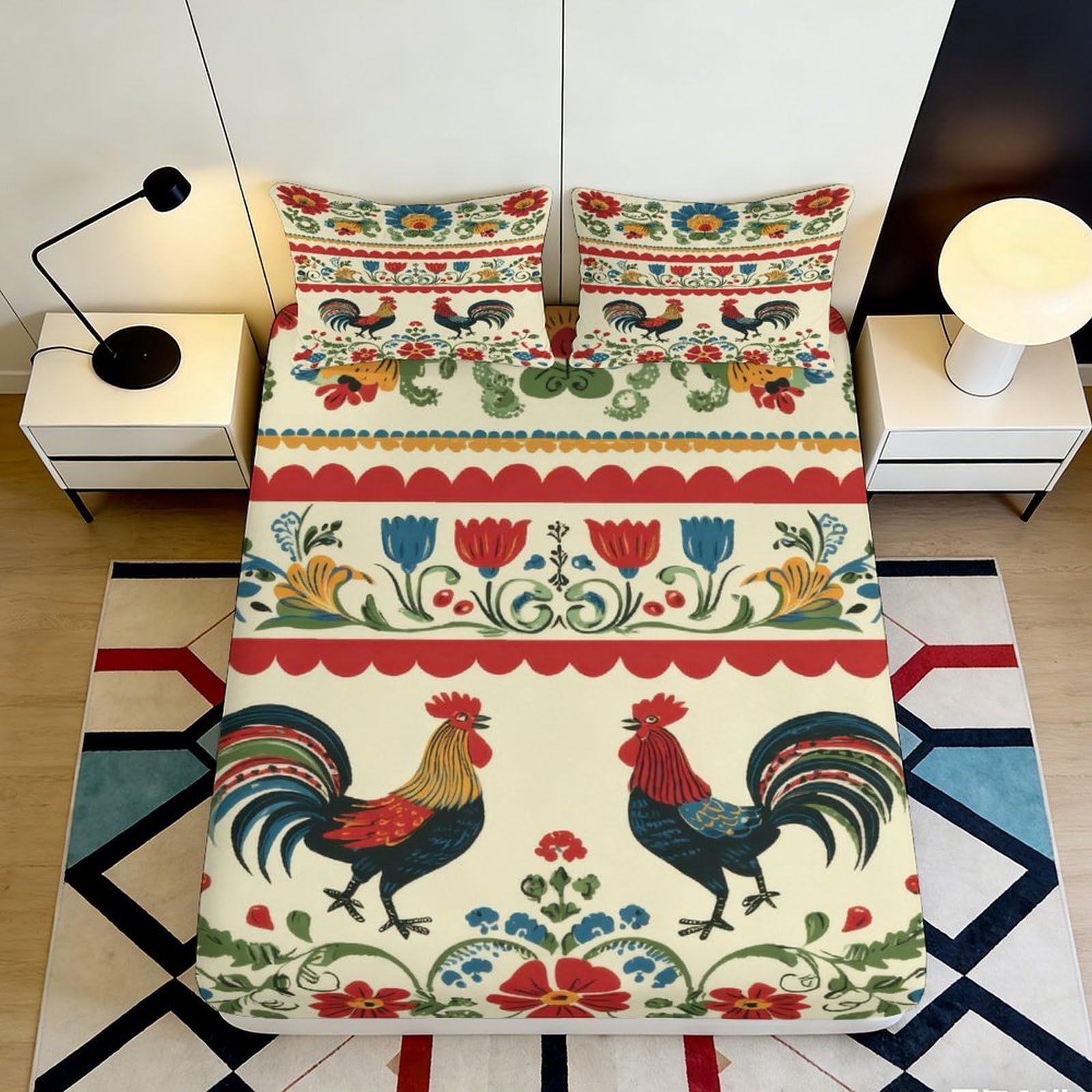 3D Printed Folk Rooster Fitted Sheet Microfiber Vibrant Floral Bed Cover for Bedroom Dorm Mattress Protection Decor 90x200x25cm