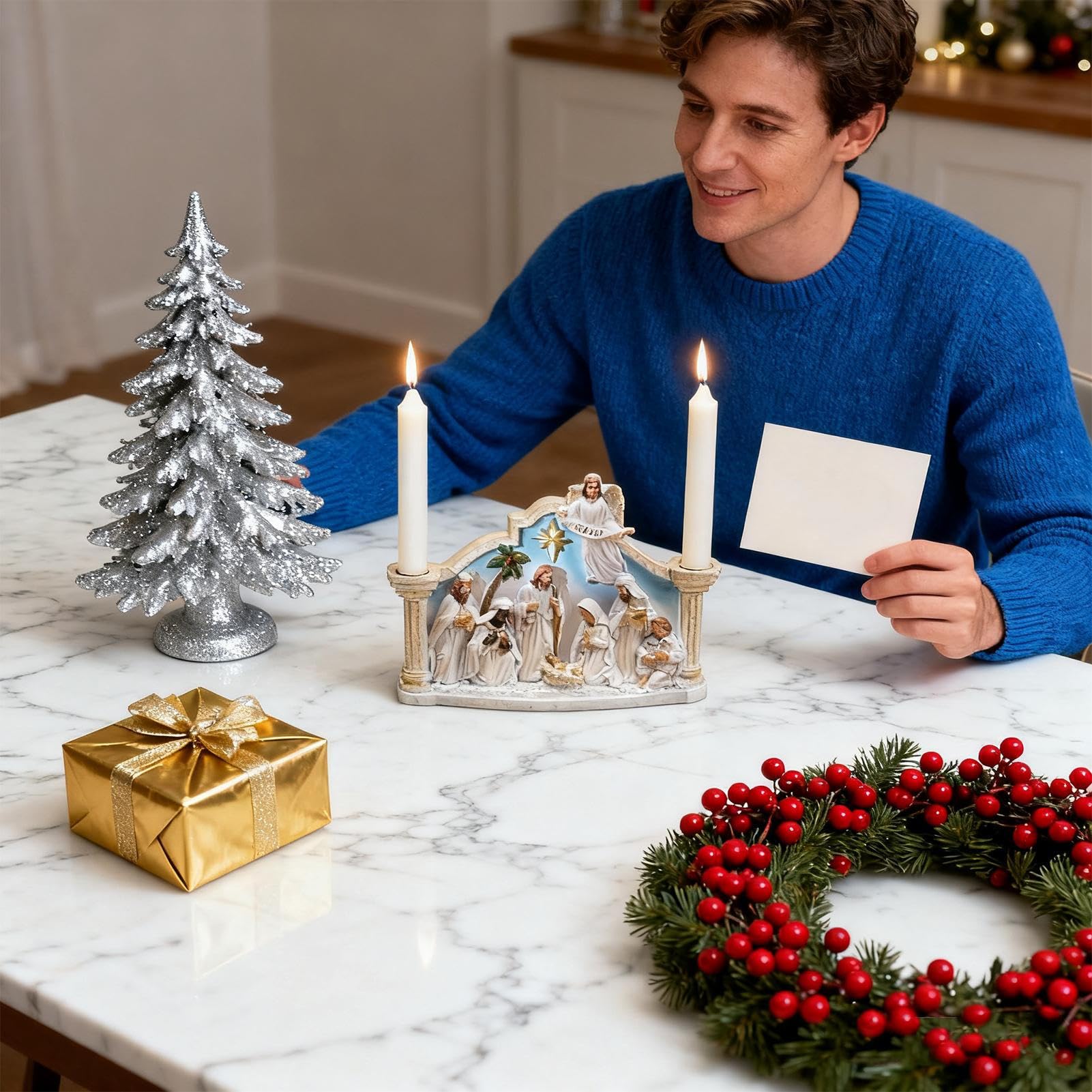 Portacandela Presepe Avvento Statua Candeliere Natalizio per Feste