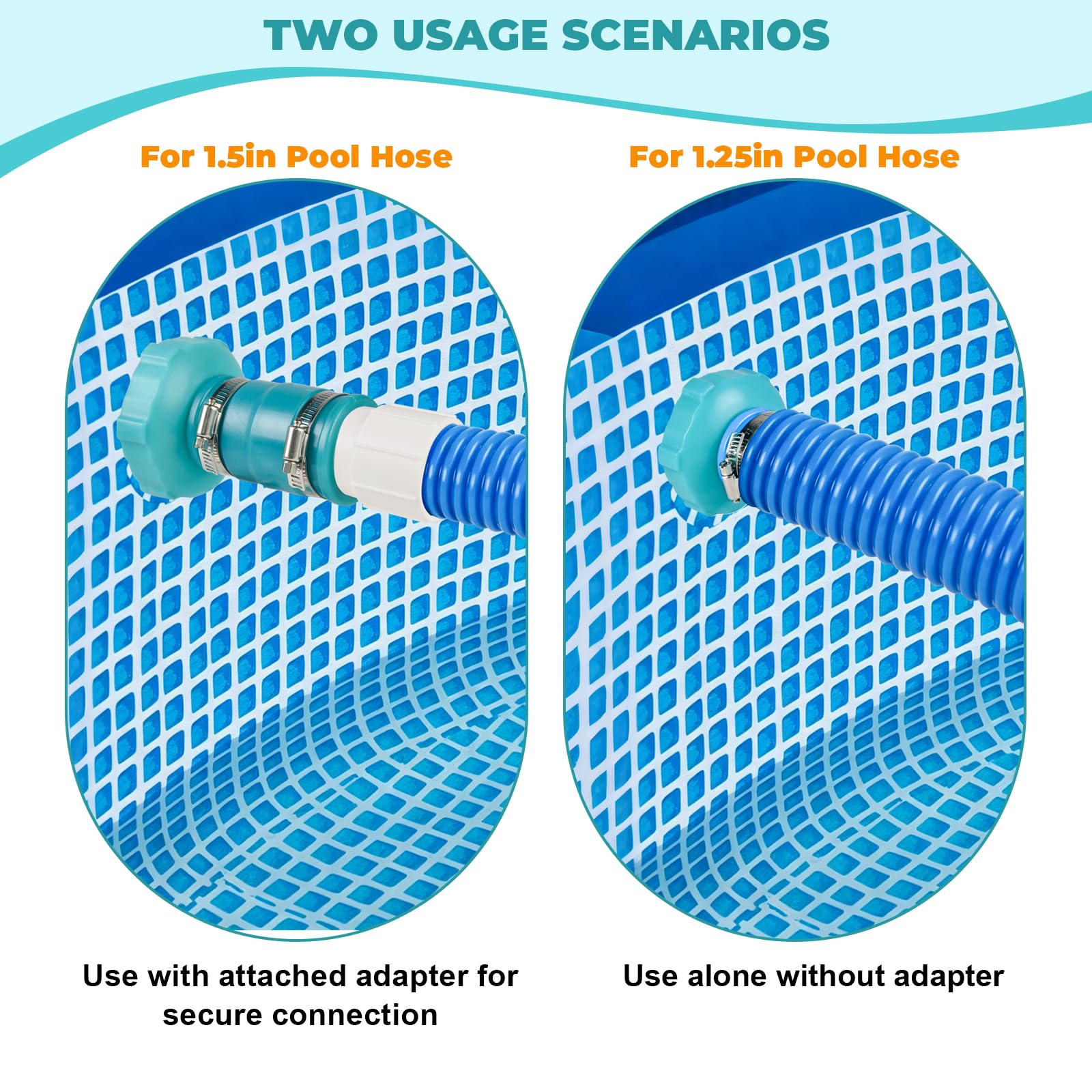 Juego de 2 adaptadores de manguera de vacío para piscina, adaptador de manguera de skimmer de piscina, conector B con puños y abrazaderas de manguera de piscina de 1-1/2 pulgadas, adaptador de