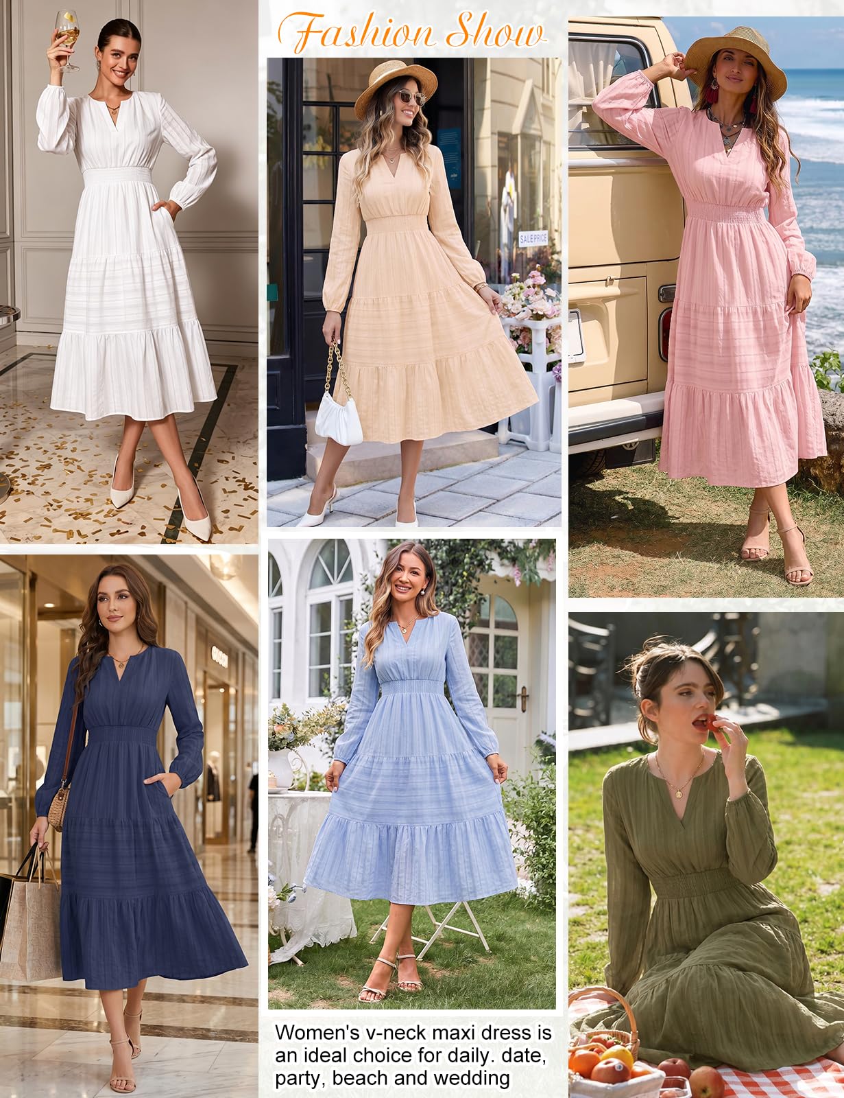 Robe Femme Manches Longues Col en V Automne | Taille Haute, A-ligne, Coton, Robe Décontractée, Taille Froncée, avec Poches, Chic Et Elegant, Printemps, Automne, Hiver