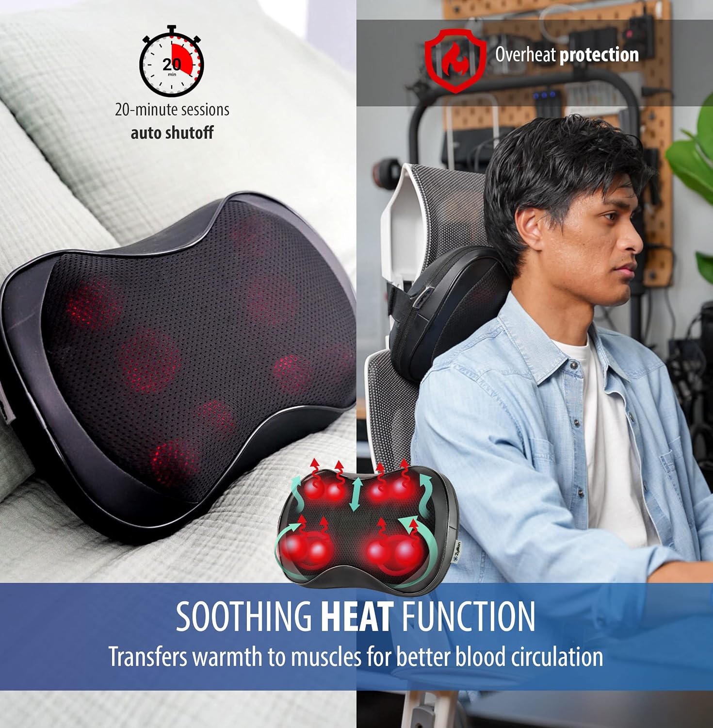 Zyllion Shiatsu Back and Neck Massager - 3D Kneading Deep Tissue Massage Pillow with Heat and 8 Rotating Nodes for Muscle Pain Relief, Chairs and Cars - Black (ZMA-25-BKBK)