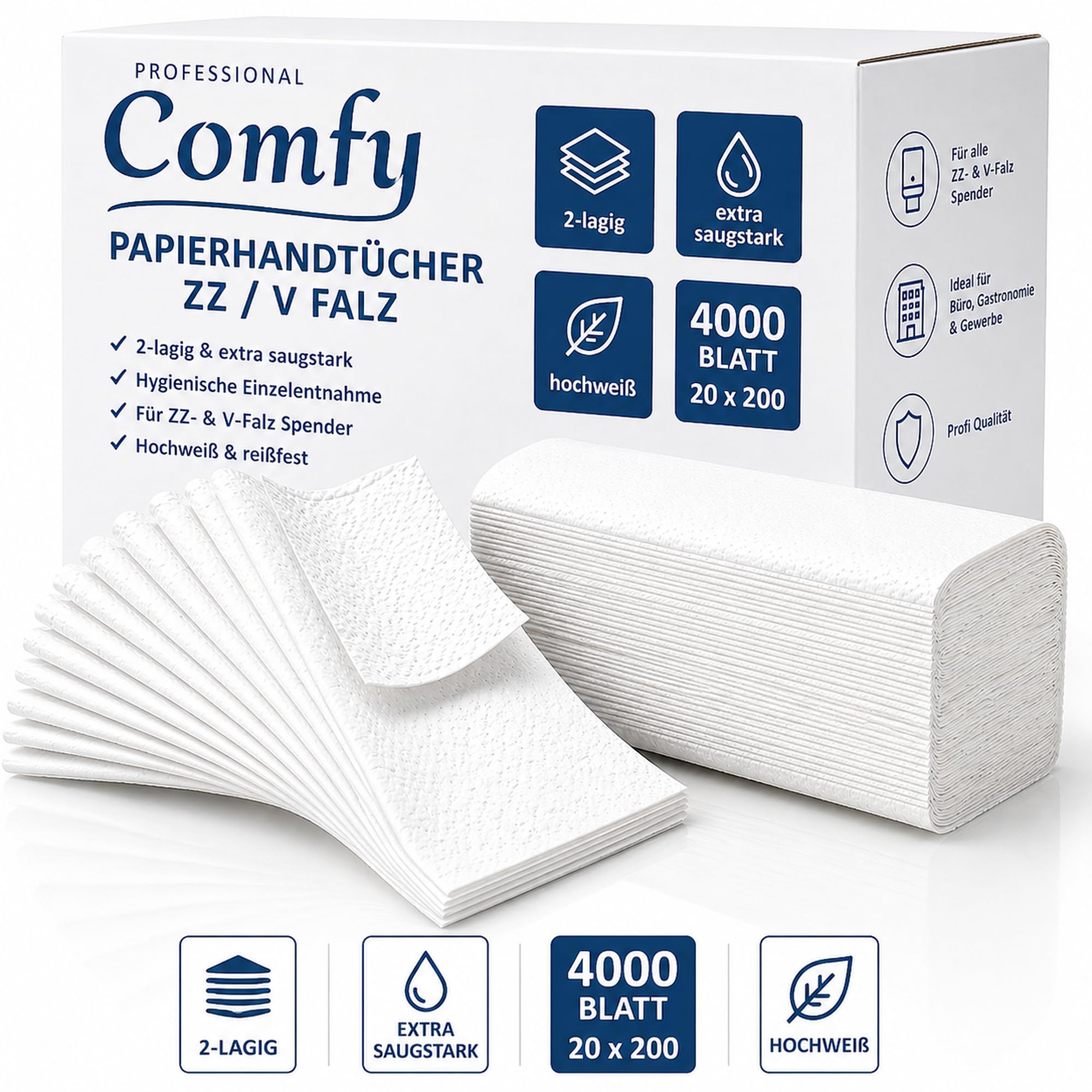 Papierhandtücher 4000 Blatt V-Falz/ZZ-Falz 24 × 21 cm – 2-lagig, hochweiß & hygienisch extra saugstark & reißfest – ideal für Gastronomie, Büro & Waschräume