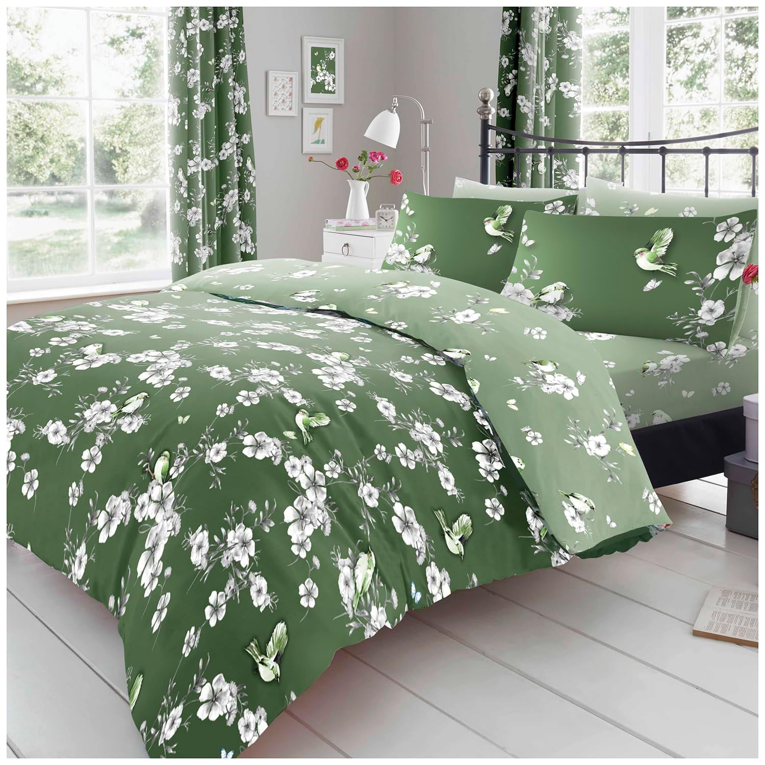 GC GAVENO CAVAILIA Birdie Blossom Soft Floral Kingsize Duvet Cover Sets, Breathable Comfy Reversible Botanical Flowers Bedding Set With Pillowcases, Luxury Birds Quilt Cover, Green