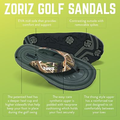 ZORIZ Mossy Oak Golf Sandals - Camo Thong Flip Flops, Removable Soft Spikes