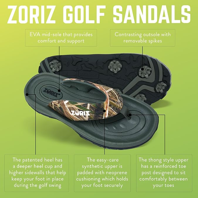 ZORIZ Mossy Oak Golf Sandals - Camo Thong Flip Flops, Removable Soft Spikes