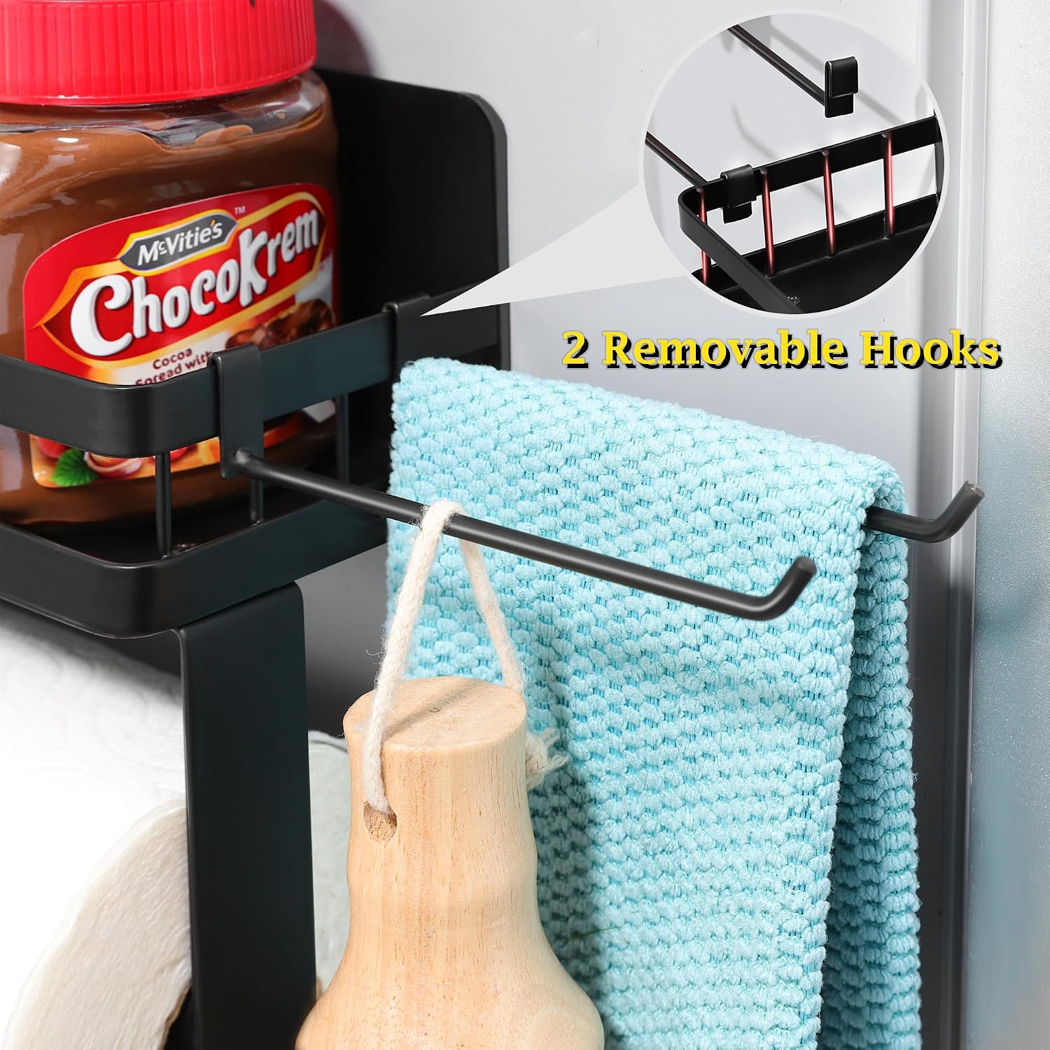 Paper Towel Holder Fridge Magnetic with Shelf - 2 Pack Paper Towel Holder Without Drilling + Magnet Spice Racks with 2 Kitchen Hanging Hooks Heavy Duty Space Saving, Black image 5