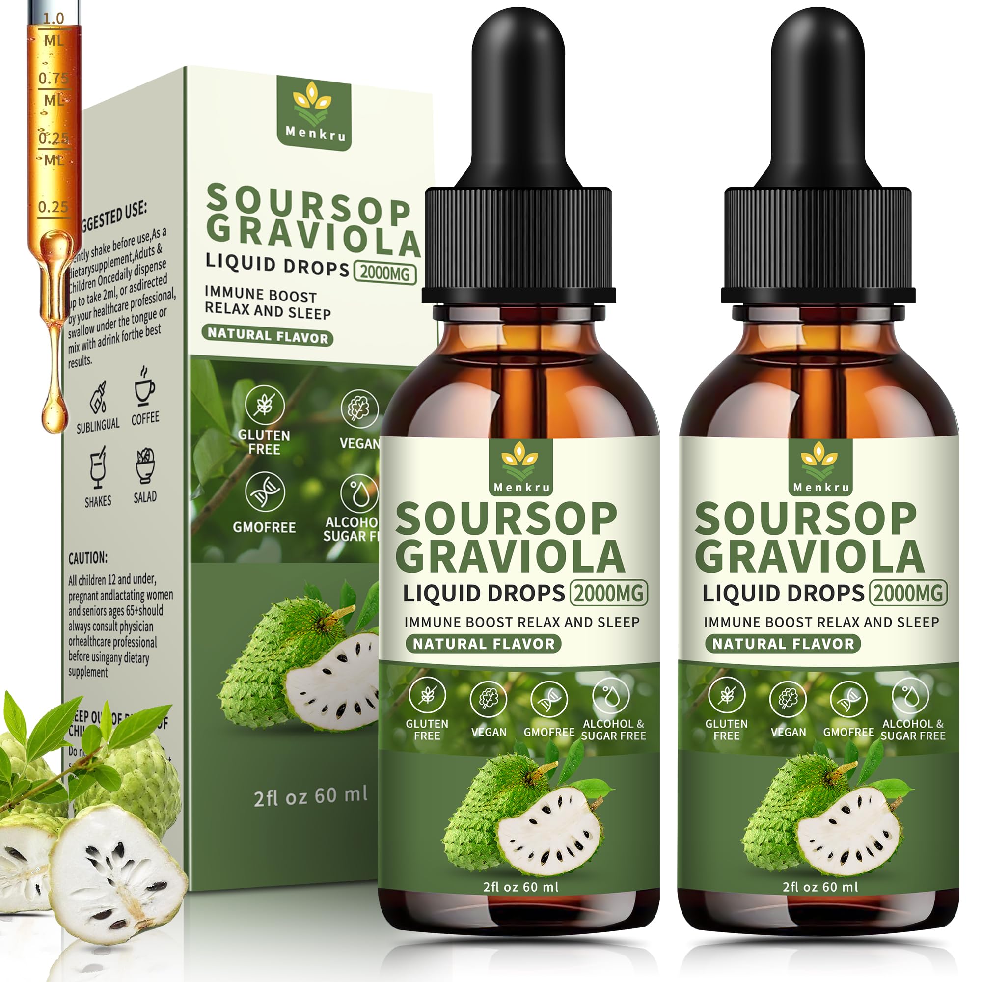 (2 Pack) Soursop Graviola Liquid Drops 2000mg，Immune Boost，Cell Support & Regeneration，Natural Antioxidant，Soursop Bitters Liquid，Soursop Extract -
