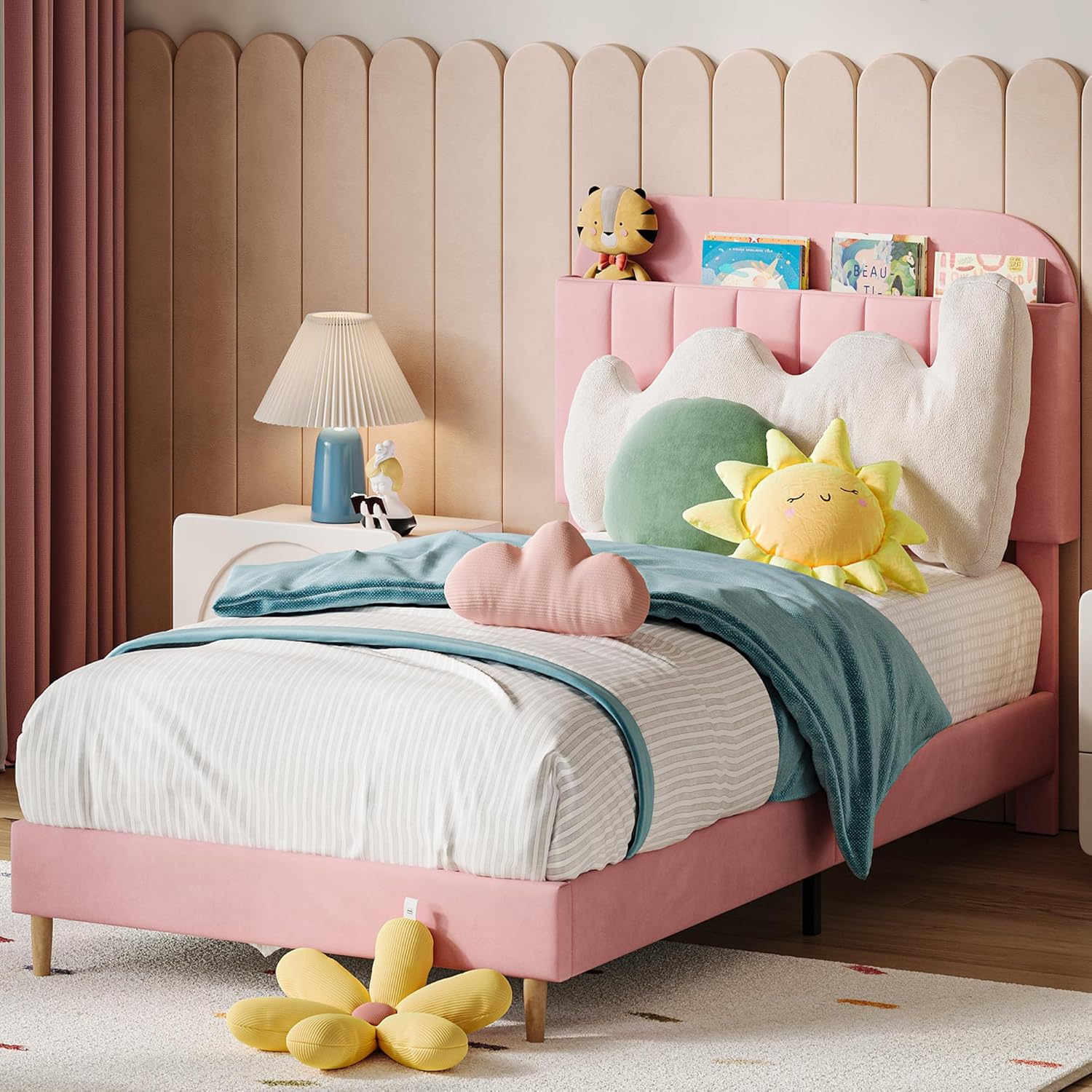 IDEALHOUSE Twin Bed Frames, Upholstered Platform Bed Frame with Bookcase Headboard, Velvet Platform Bed Mattress Foundation, Heavy Duty Steel Support Legs, Easy Assembly, Noise Free, Pink