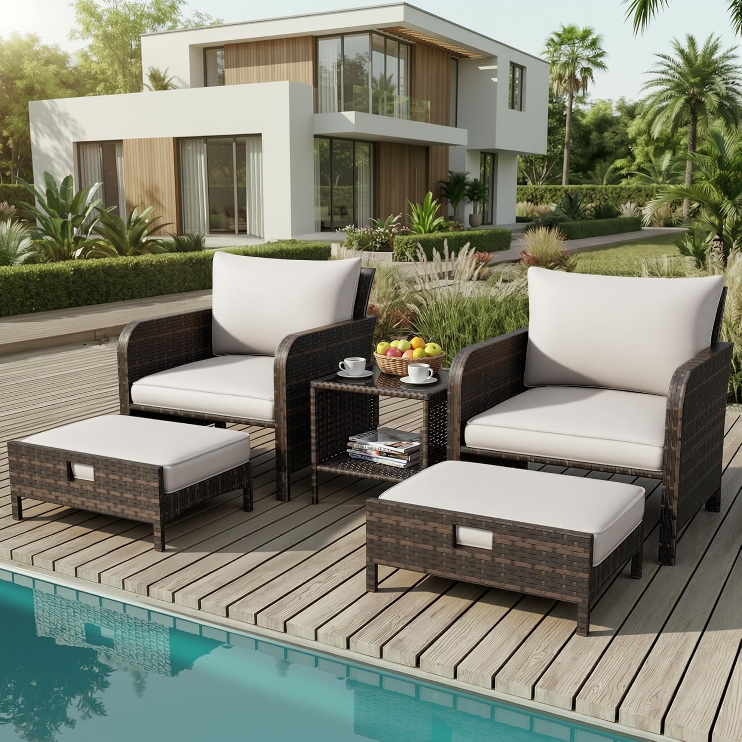 LEVELEVE Patio Conversation Set 5 Piece, Balcony Furniture Outdoor PE Rattan Wicker Lounge Chairs with Soft Cushions, 2 Ottomans & Glass Table for Porch Lawn, Brown (Beige Cushions