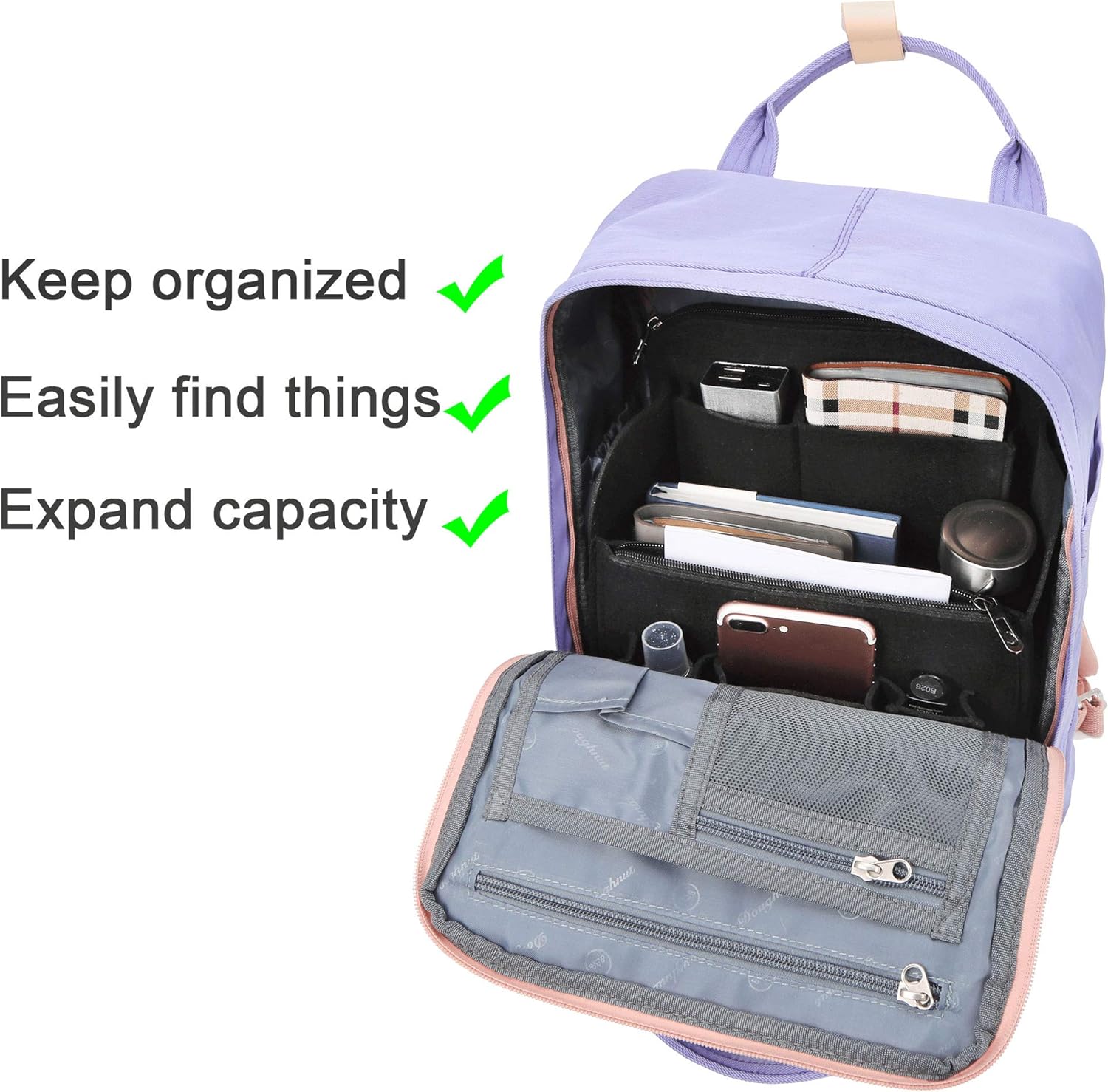 Yoillione Felt Backpack Organizer Insert for Women and Men, Large Travel Rucksack Insert with High Capacity, Lightweight Bag Organizer with Zipper Pocket - Image 5