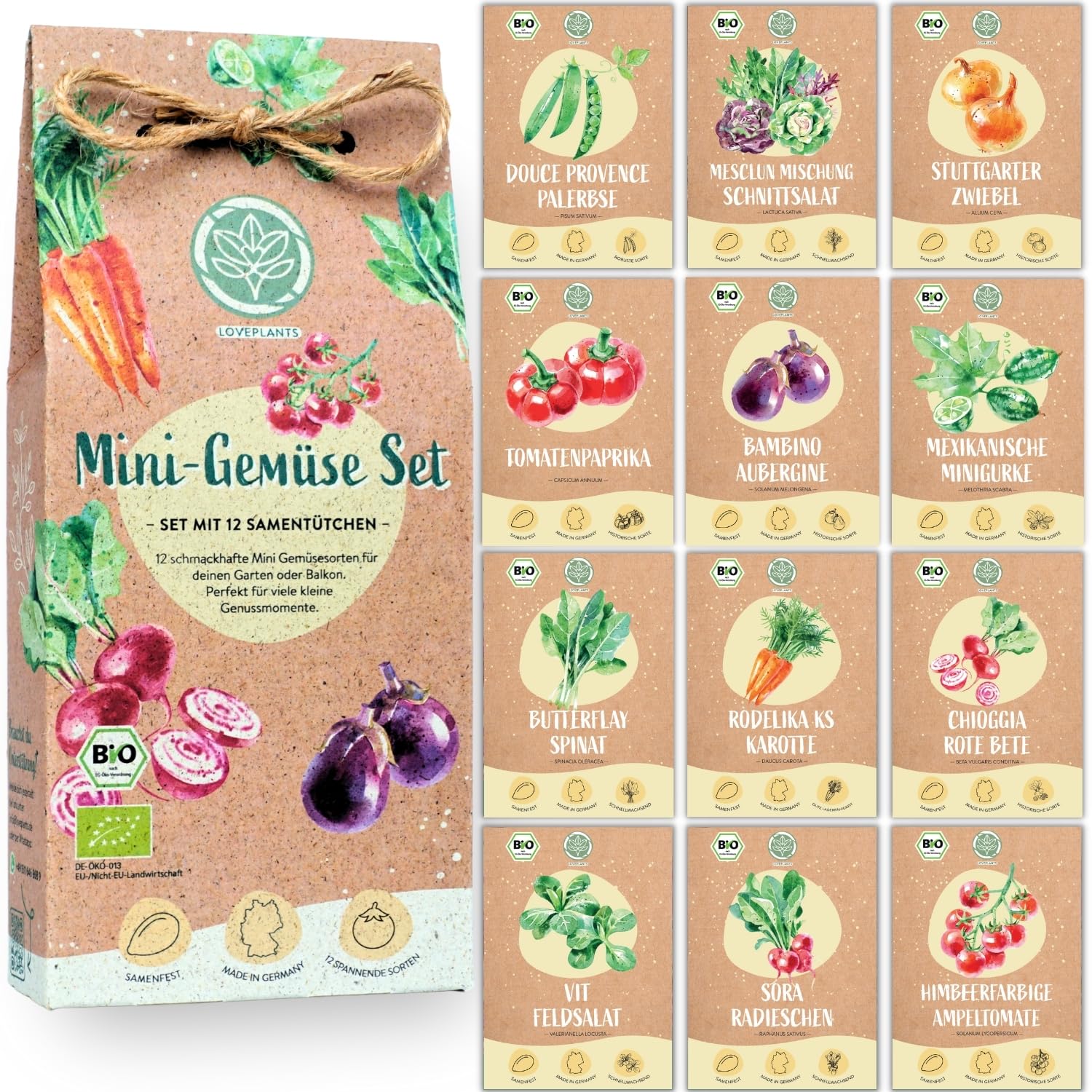 Bio Balkon & Hochbeet Gemüse Samen Set – 12 samenfeste Bio Gemüsesamen – mit extra viel Gemüse Saatgut für dein Urban Gardening Projekt, auf dem Balkon oder im Garten. Bio Pflanzensamen Set