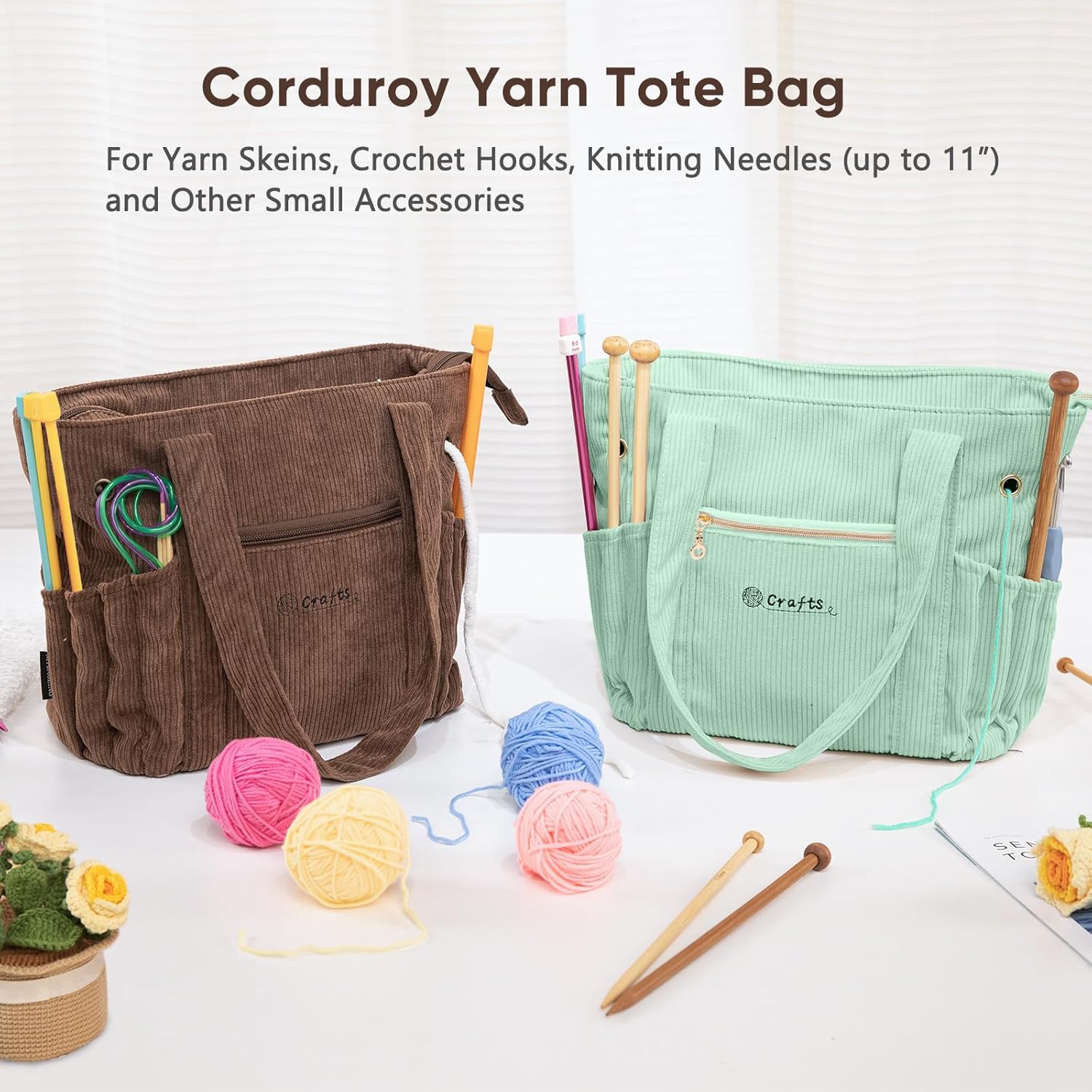MYBAGZING Corduroy Crochet Bag 11.5" Large Yarn Storage Tote with Grommets, Needle Holders – Knitting Bag Organizer for Crochet Hooks, Accessories, Tools & Projects –Gift for Knitters & Crafters