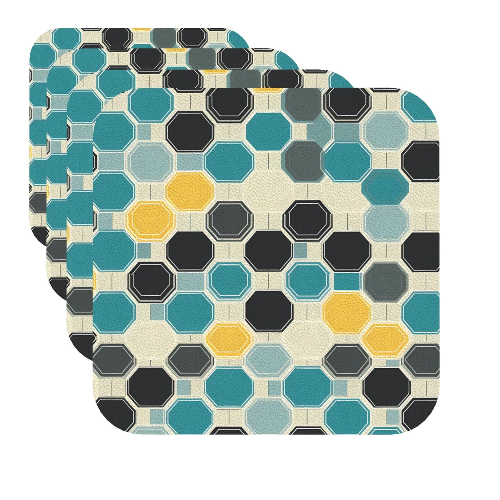 Drink Coasters Set of 4 Quick-Dry Leather Coaster Octagons Printed Coasters for Drinks Coffee Cup Mat Tabletop Protection Heat Resistant Coaster for Kitchen Bar Office Home Decor