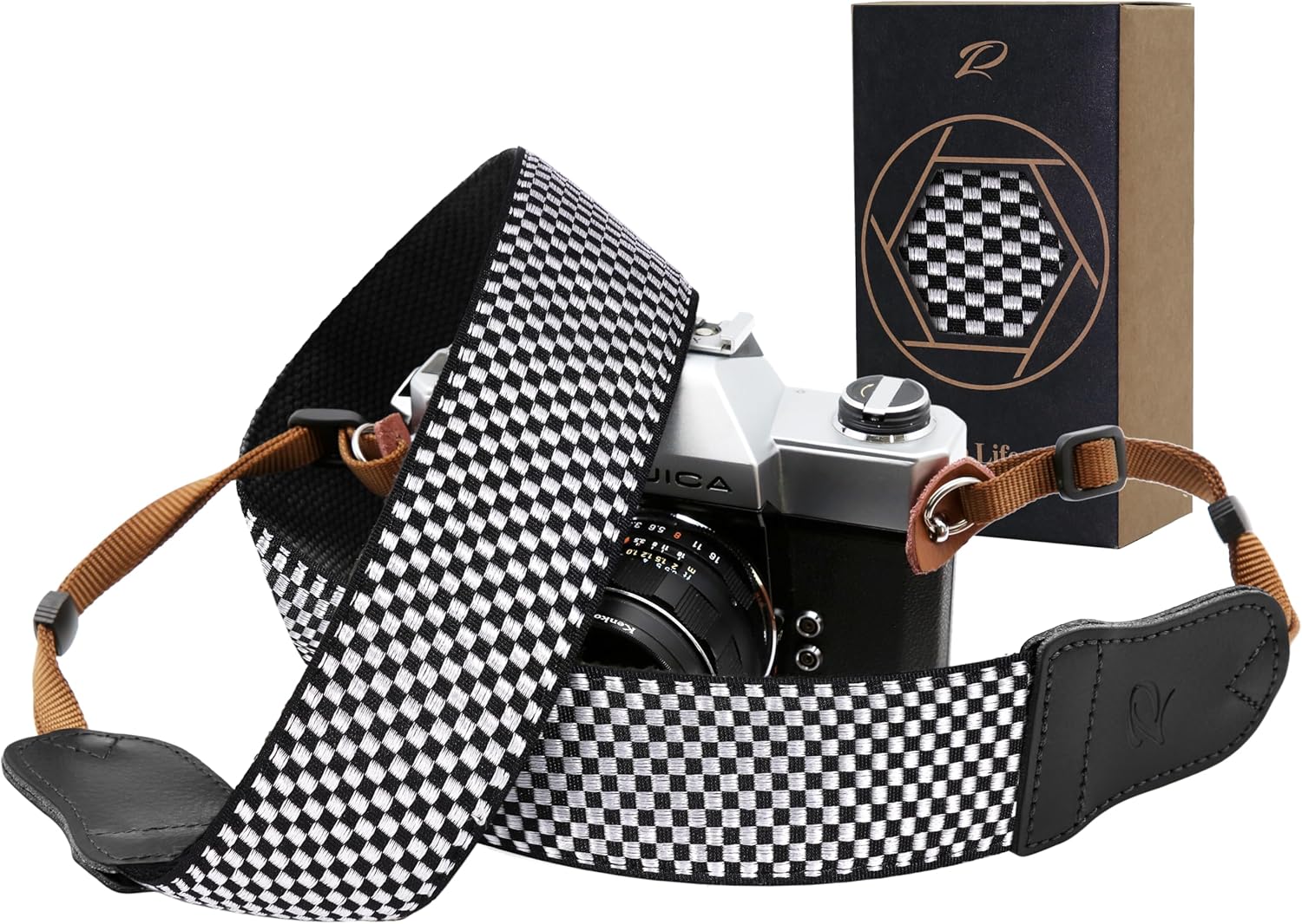 Padwa Lifestyle Black and White Fine Plaid Camera Strap - 2" Wide Cowhide Head Cotton Strap,Vintage Check Weave Neck Shoulder & Crossbody Camera Straps for Photographers Gift and All DSLR Cameras