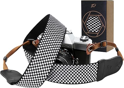 Padwa Lifestyle Correa de Cuerpo para Cámara de Estilo Vintage en Plátido Fino Blanco y Negro - Correa de 2" de Cuero de Vaca con Cuerpo de Algodón,