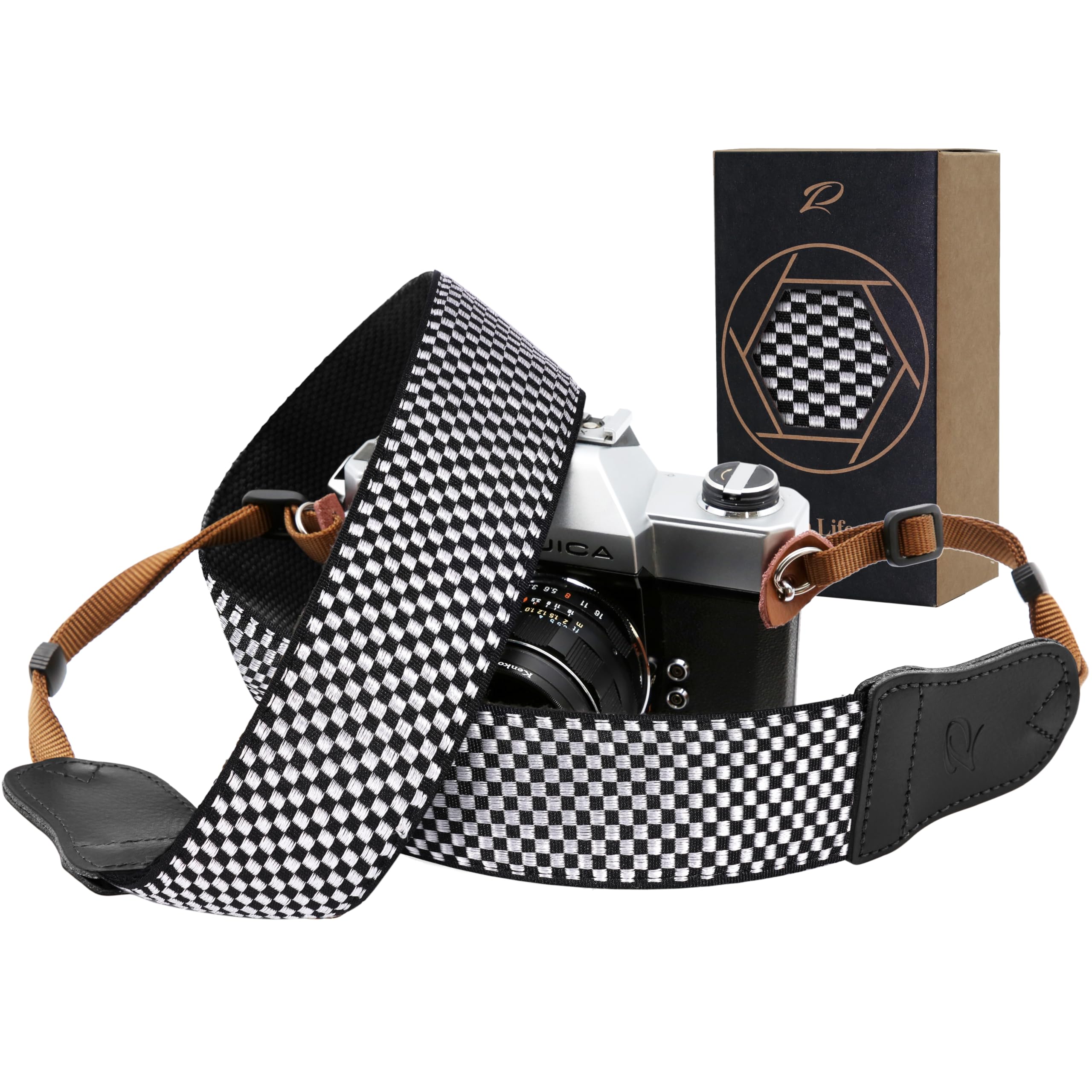 Padwa Lifestyle Black and White Fine Plaid Camera Strap - 2" Wide Cowhide Head Cotton Strap,Vintage Check Weave Neck Shoulder & Crossbody Camera