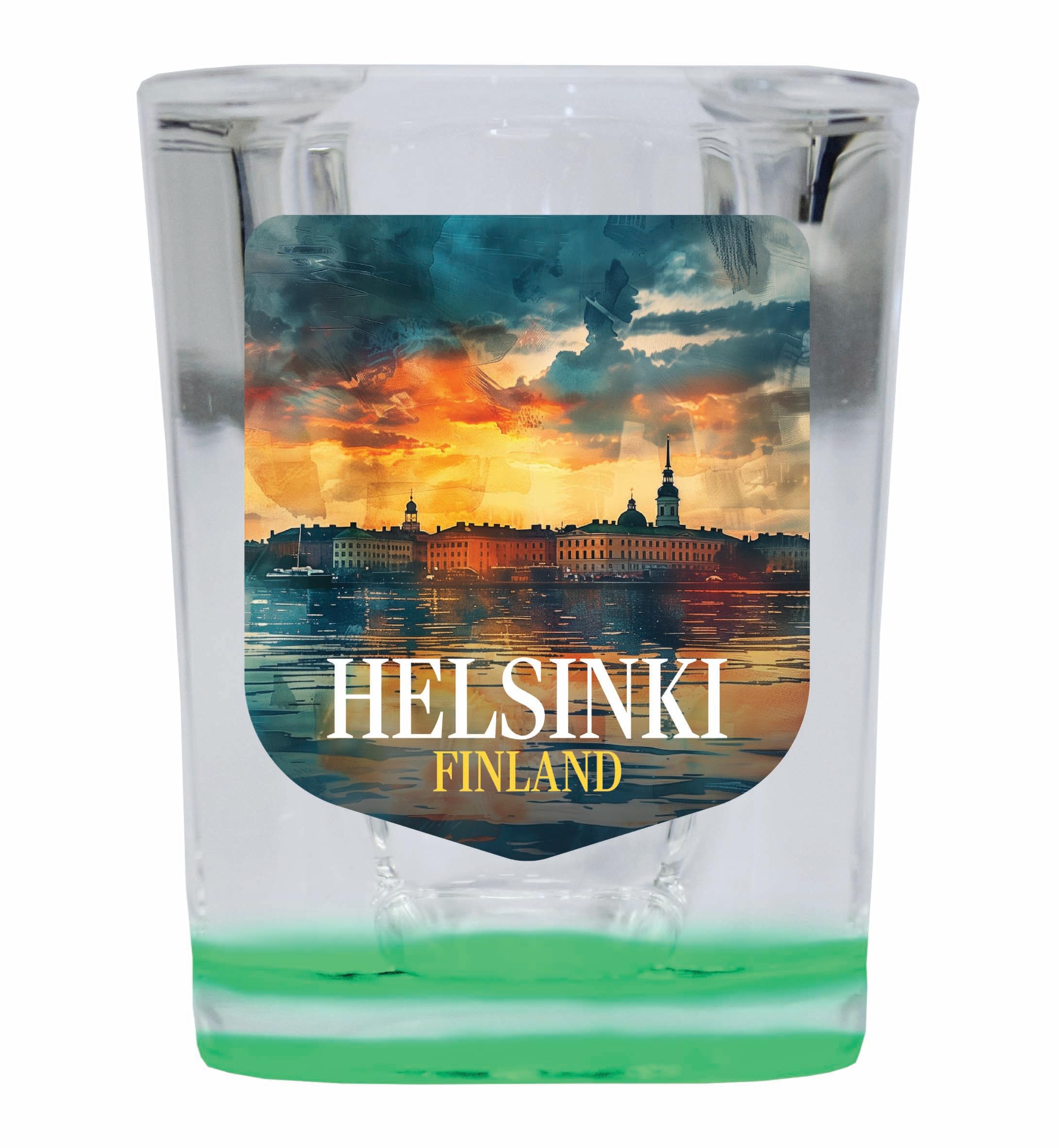 R and R Imports Helsinki Finland Sunset Cityscape Design Souvenir 2 Ounce Shot Glass Square Green Base Single