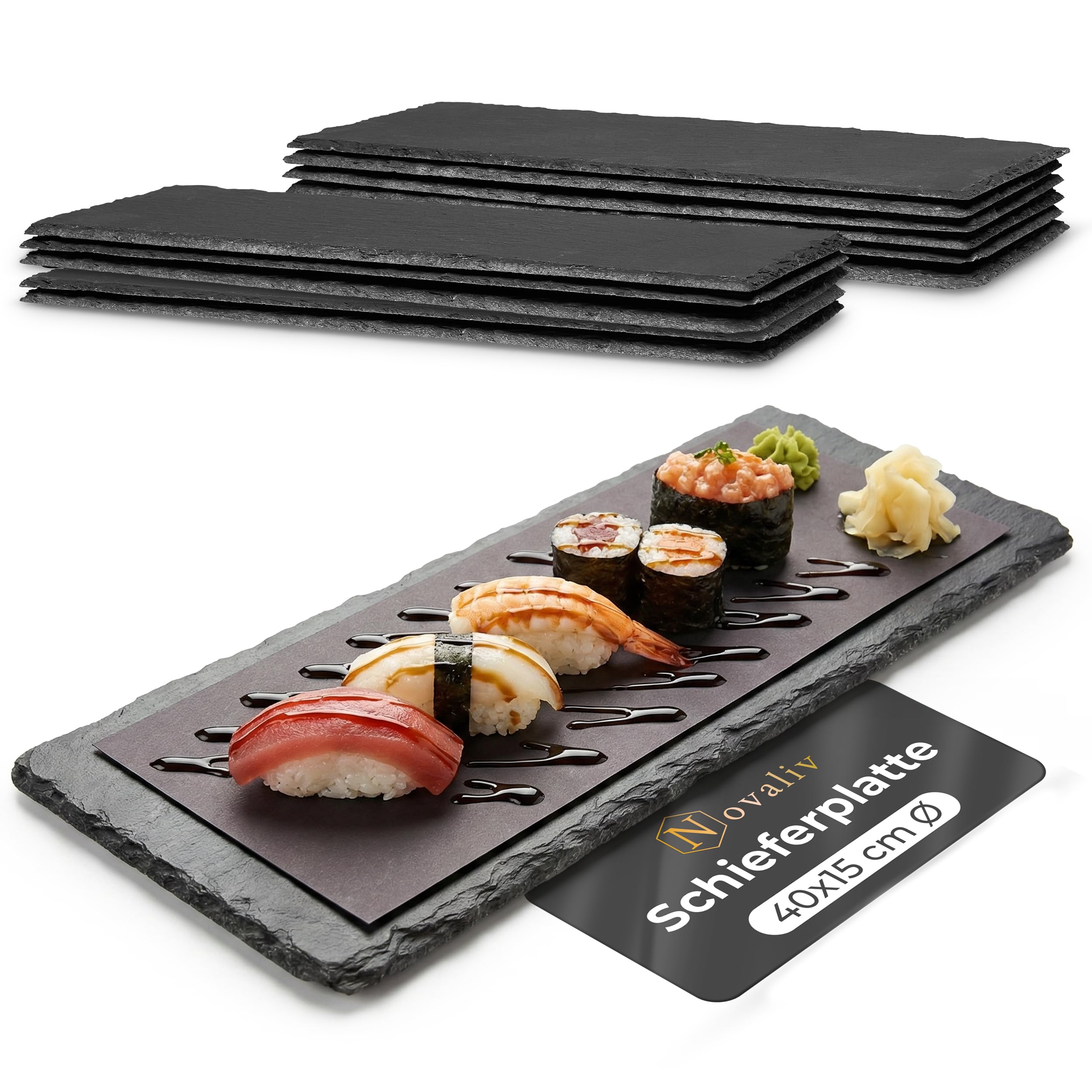 Novaliv 12x Schieferplatten I rechteckig I 40x15x0,5 cm I Sushi Deko Servierplatten lang Schieferplatten Untersetzer Tischplatz
