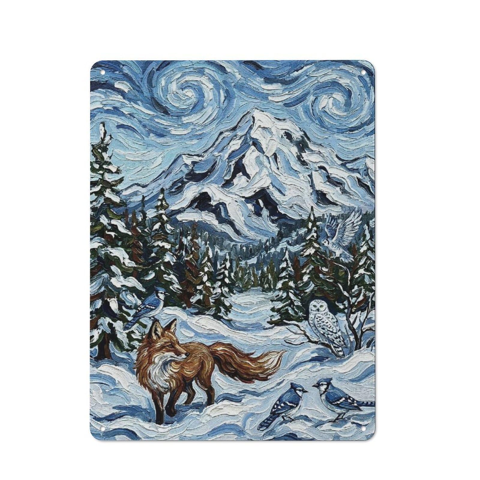 Junmoney Style-5 Metal Wall Plaque With Winter Landscape With Fox And Birds Design 40X30cm, Simple Retro Studio Wall Plaque For Hobby Room, Office, Lounge Or Living Room