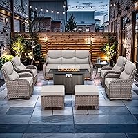 moosprr 9-Piece Luxury Patio Furniture Set with Fire Pit Table, Swivel Rocker Chairs & 6-Inch Thick Cushions, All-Weather Wicker Conversation Set