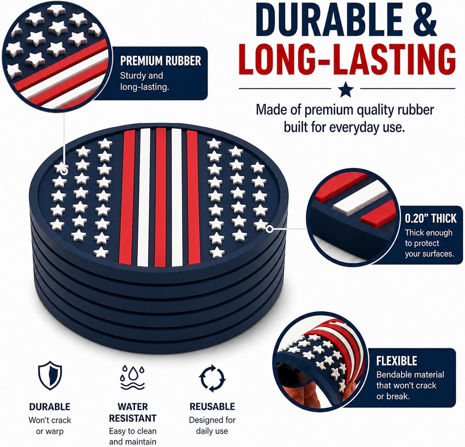 American Flag Coasters Set of 6 – Non-Slip Rubber Drink Coasters for Table Protection, 4” Round Patriotic Coasters, 4th of July & Home Bar Decor, Durable Cup Mats