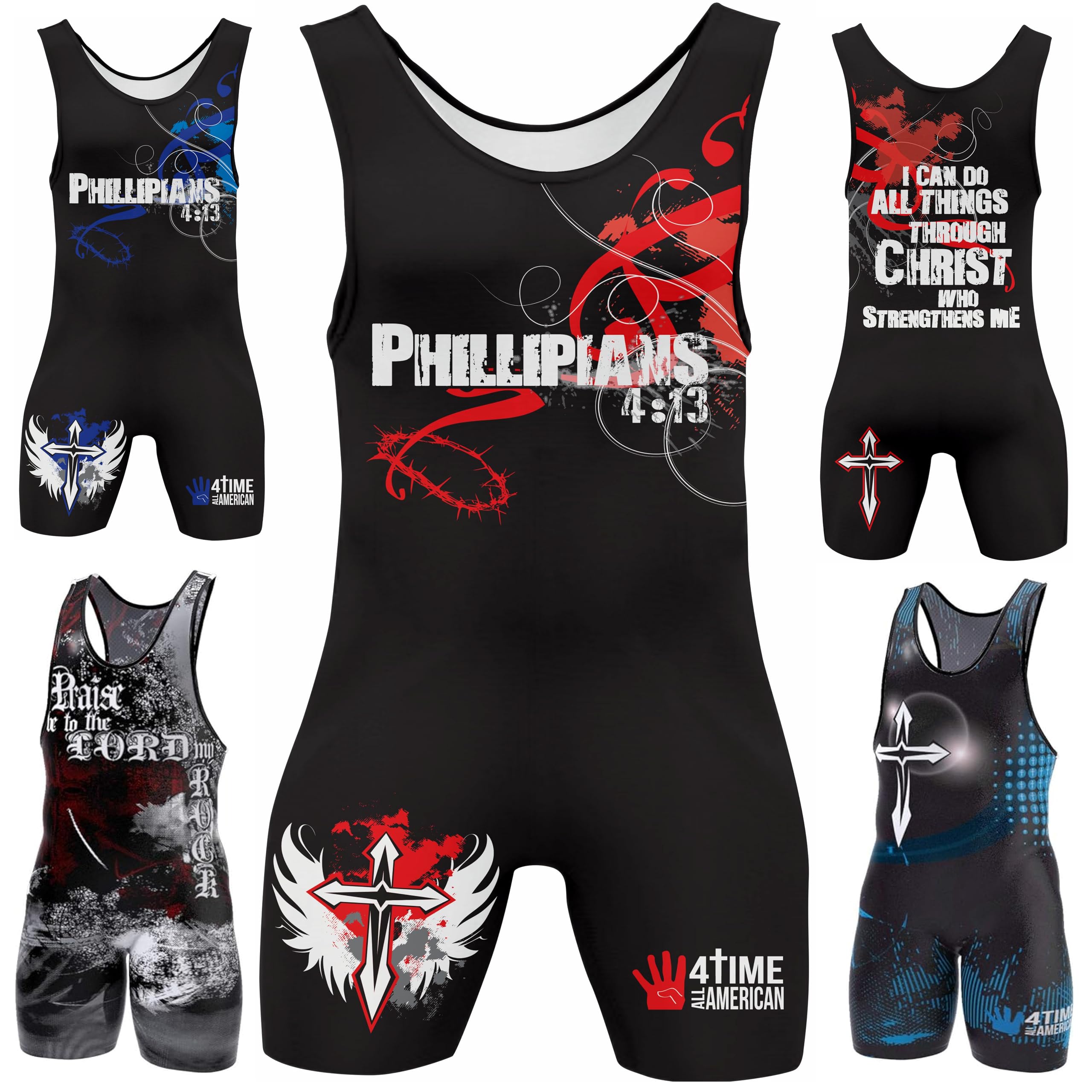 4 Time All American sublimated wrestling singlet, Phil 4:13 Red, XXL 221-250 lbs. — image 1