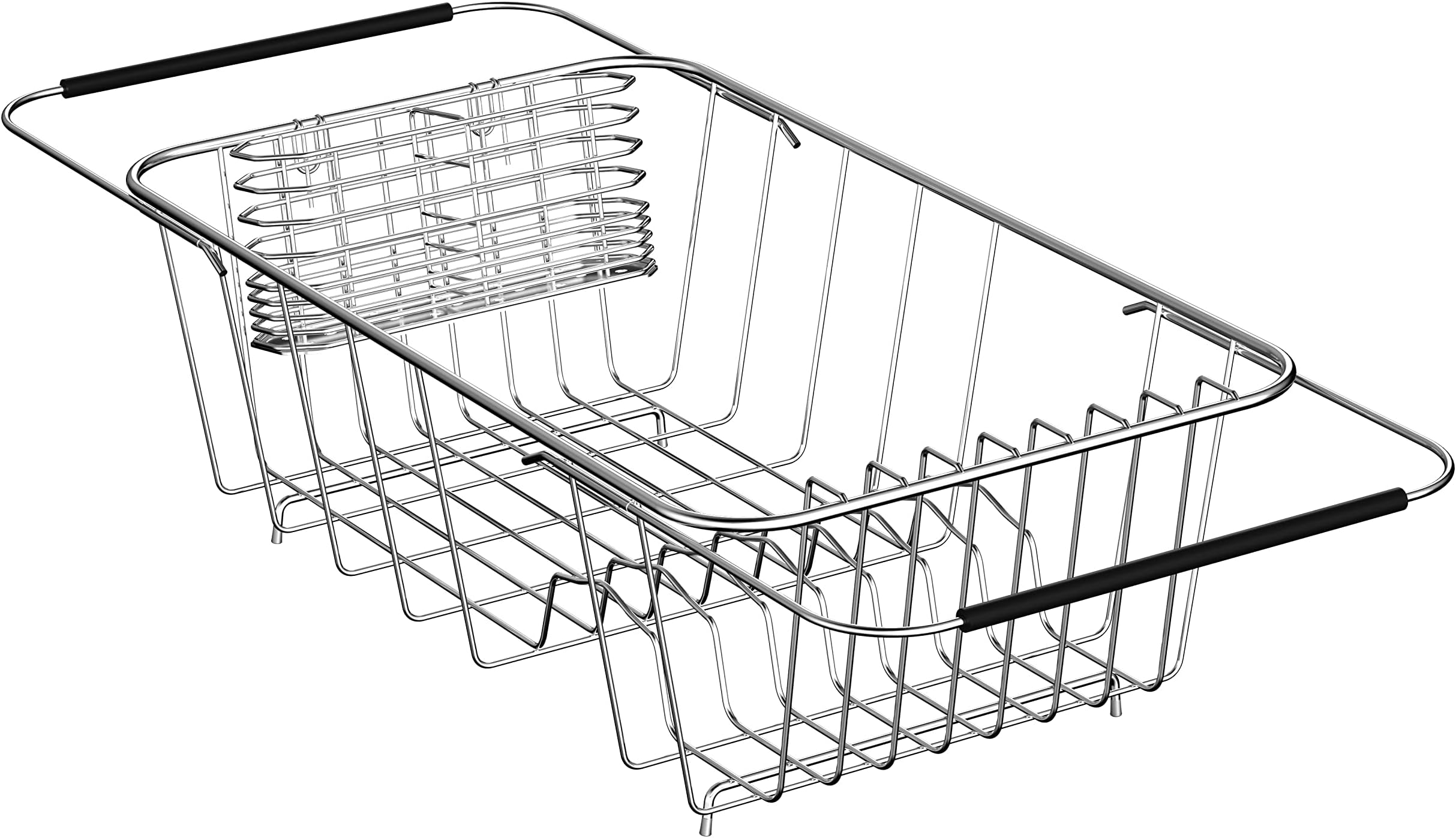 ESBOLMLixin Tech Expandable Sink Dish Drying Rack for Kitchen Counter, Durable 304 Stainless Steel Dish Drainer with Utensil Holder Over Sink Silicone Drying Mat