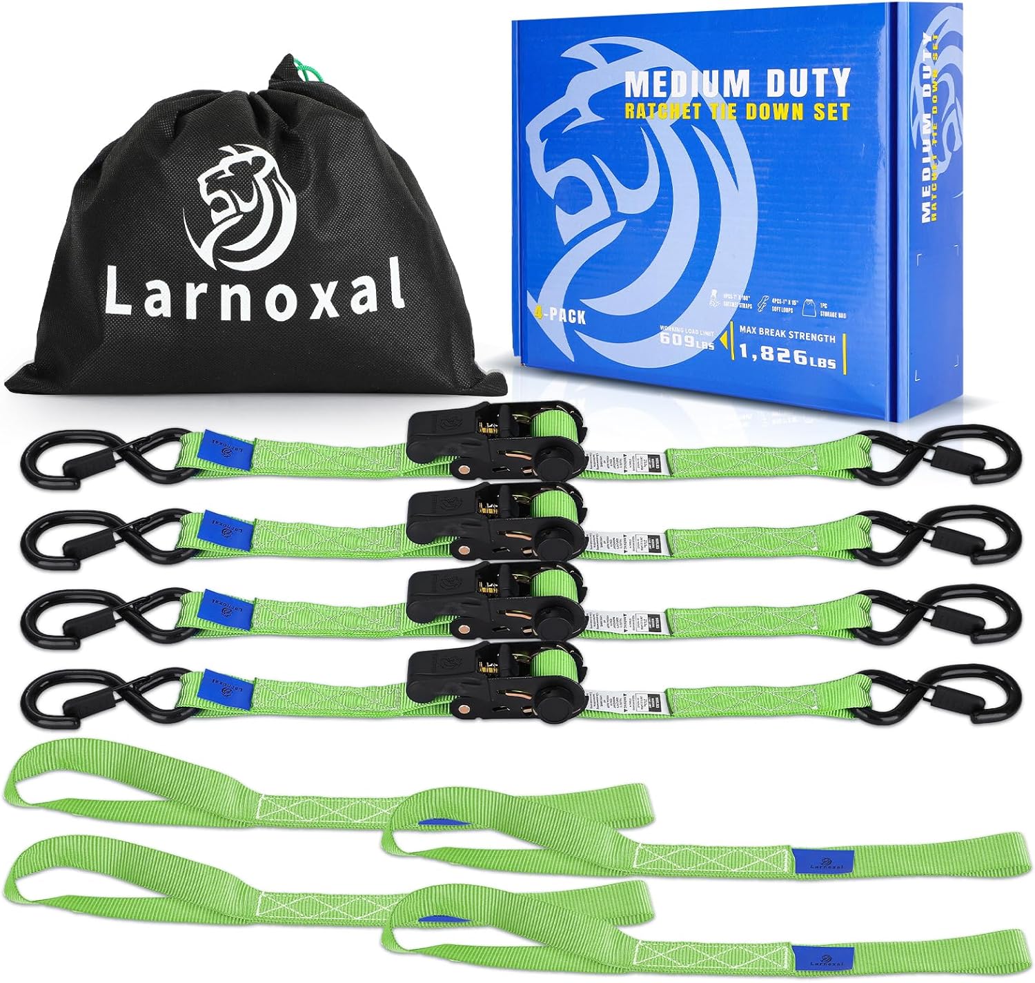 Ratchet Straps 4 Pack - 1,826 Lbs Break Strength 1 in x 15 Ft Medium Duty Ratchet Tie Down Straps with S Hooks Set for Truck, Cargo Van, Trailer, Motorcycle (Green)