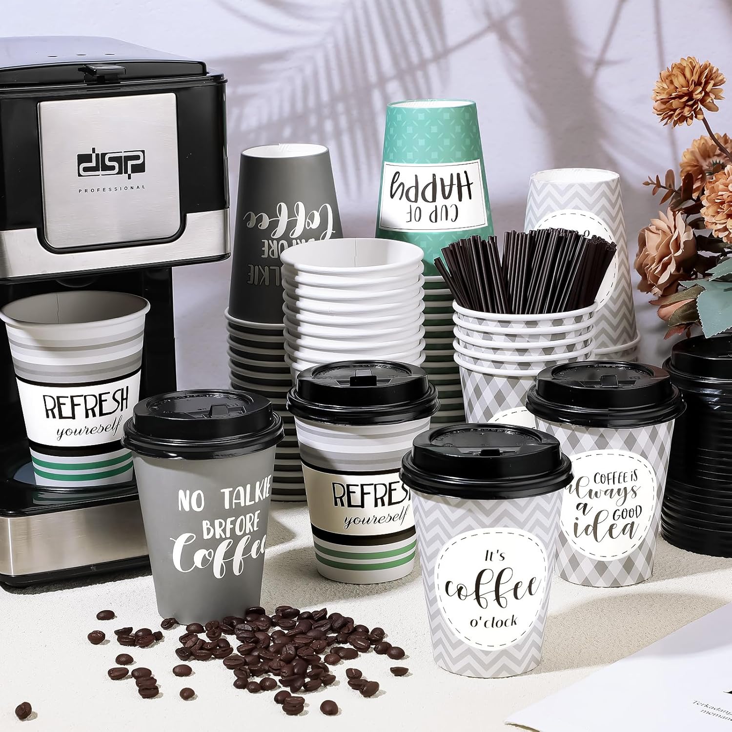 Gerrii 100 Pack Disposable Coffee Cups with Lids and Straws, Motivational Paper Hot Cups with 6 Quotes and Designs for Water, Juice, Coffee, Tea, Home, Shop Cafe(12 Oz,Modern Style)