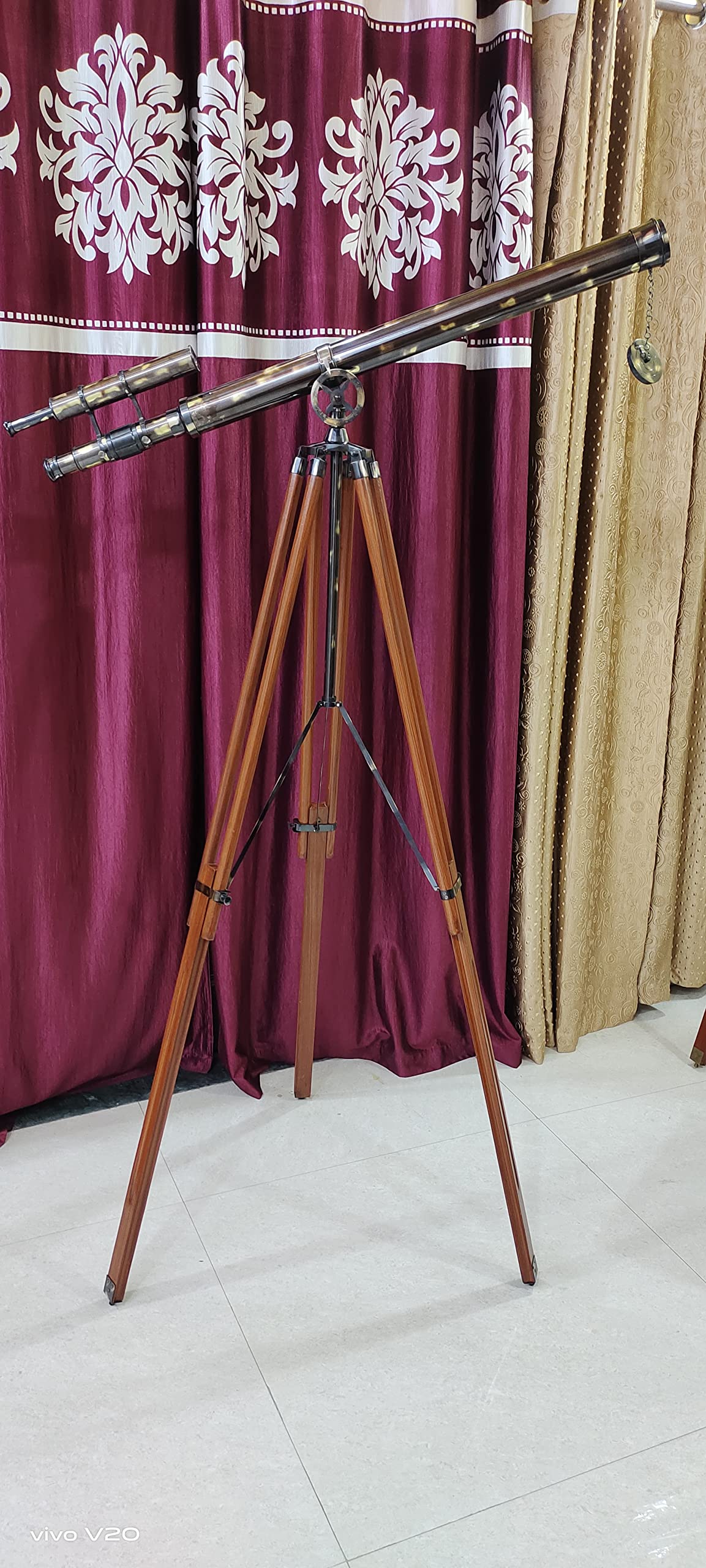 Navirock Royal Black Antique Telescope Double Barrel with Wooden Tripod Floor Standing Halloween Decorations Telescope