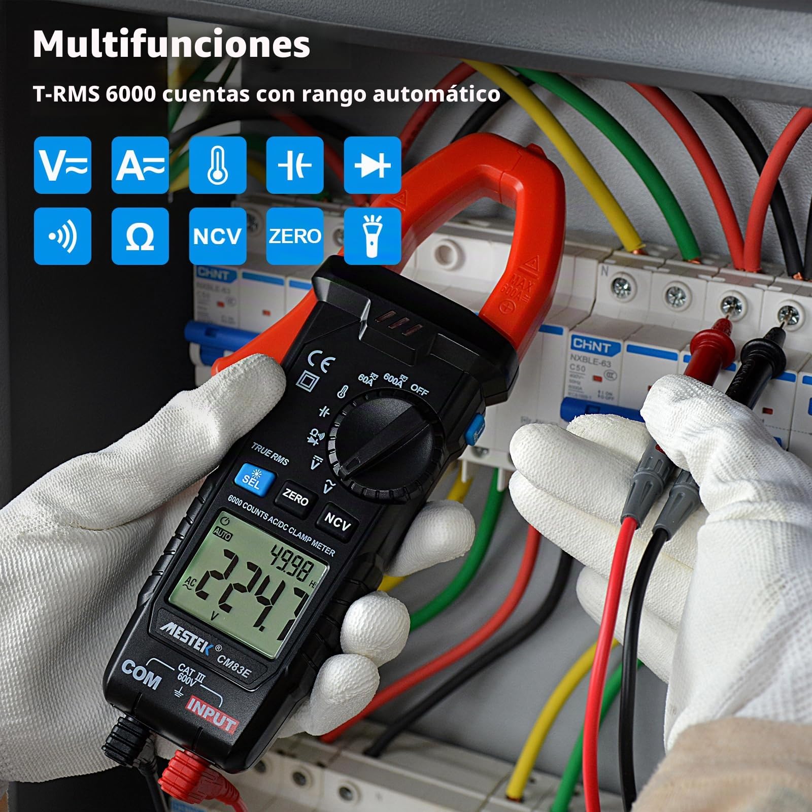 Pinza Ampérimetrica CA/CC MESTEK, Multímetro Digital Polimetro Voltímetro Amperimetro 6000 Cuentas T-RMS Autorango, Tester para Corriente Voltaje Resistencia Continuidad Temperatura Diodo Bateria NCV