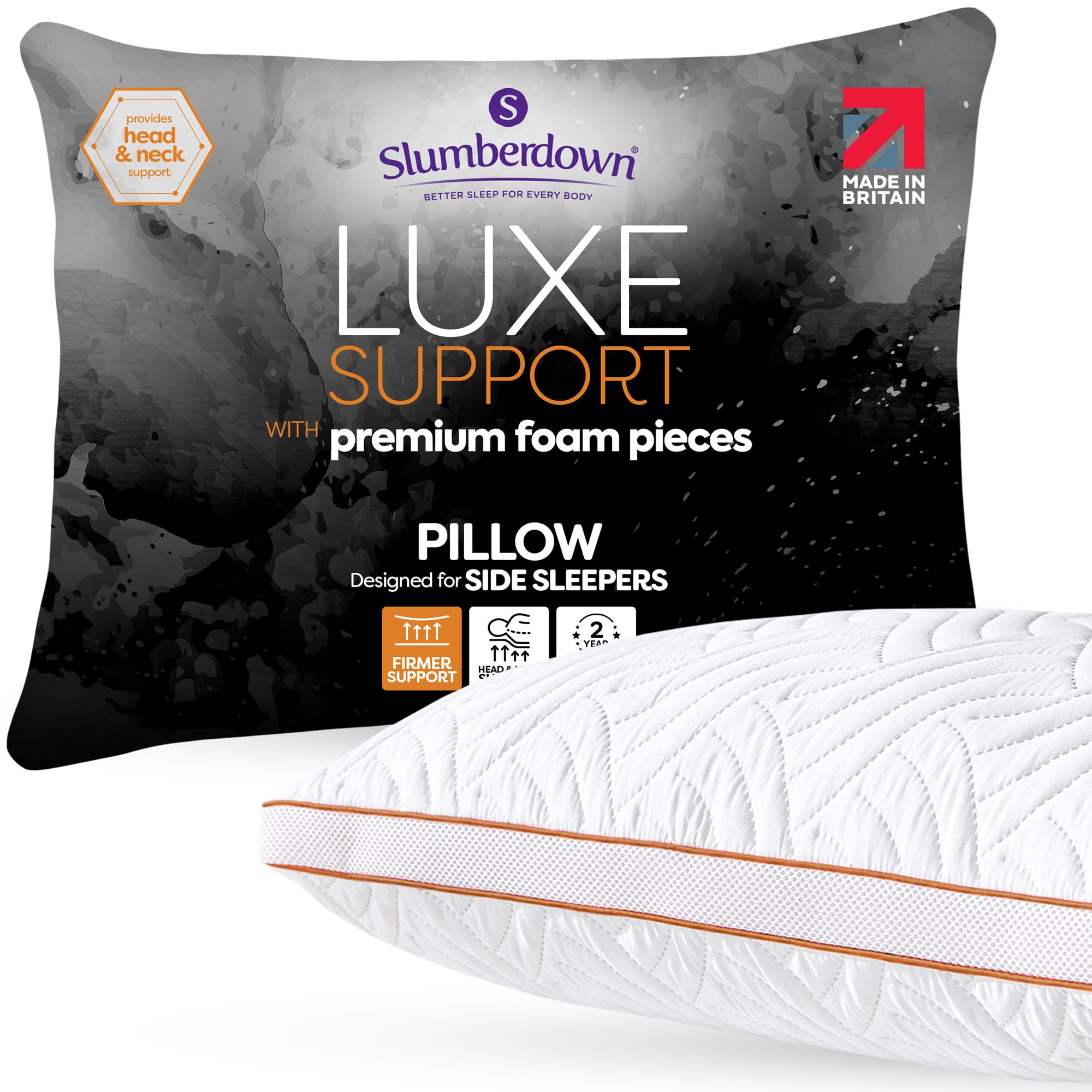 Slumberdown Luxury Crumb Pillow - Hotel Quality, Firm & Breathable Bed Pillow for Side Sleepers| UK-Made, Quilted Cover with Gusset, Non-Allergenic, Washable (43 x 69cm)